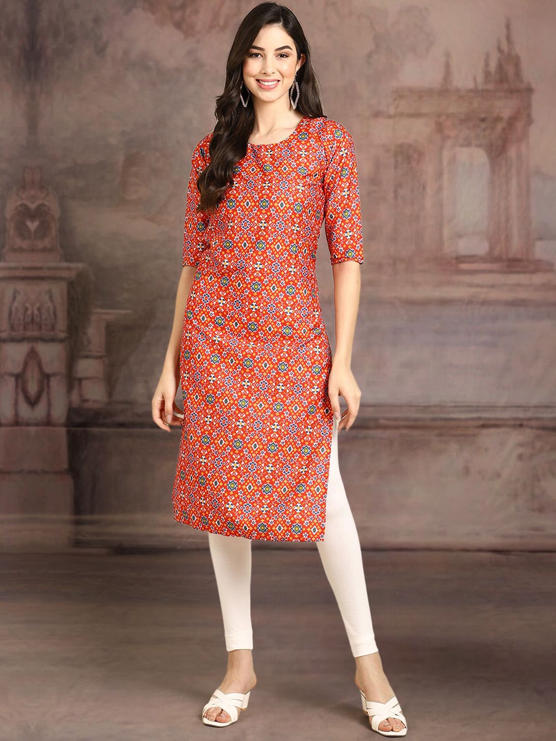 

7Threads Ethnic Motifs Printed Round Neck Straight Crepe Kurta, Orange