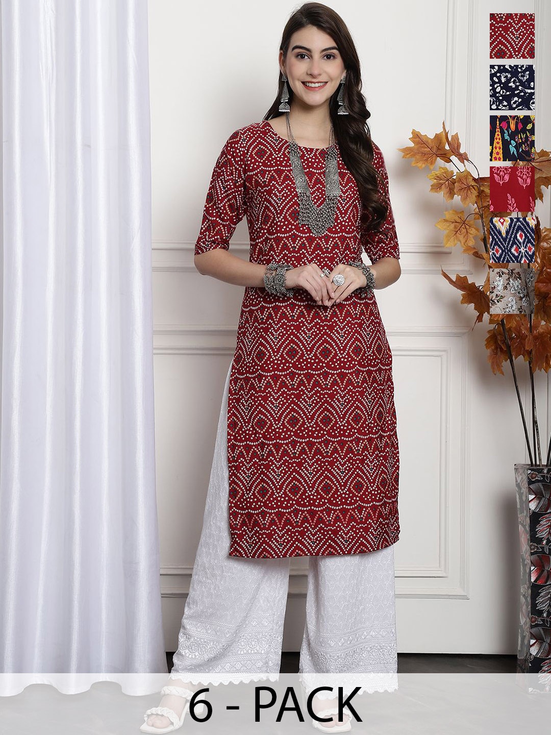 

7Threads Selection 0f 6 Ethnic Motifs Printed Round Neck Straight Crepe Kurta, Red