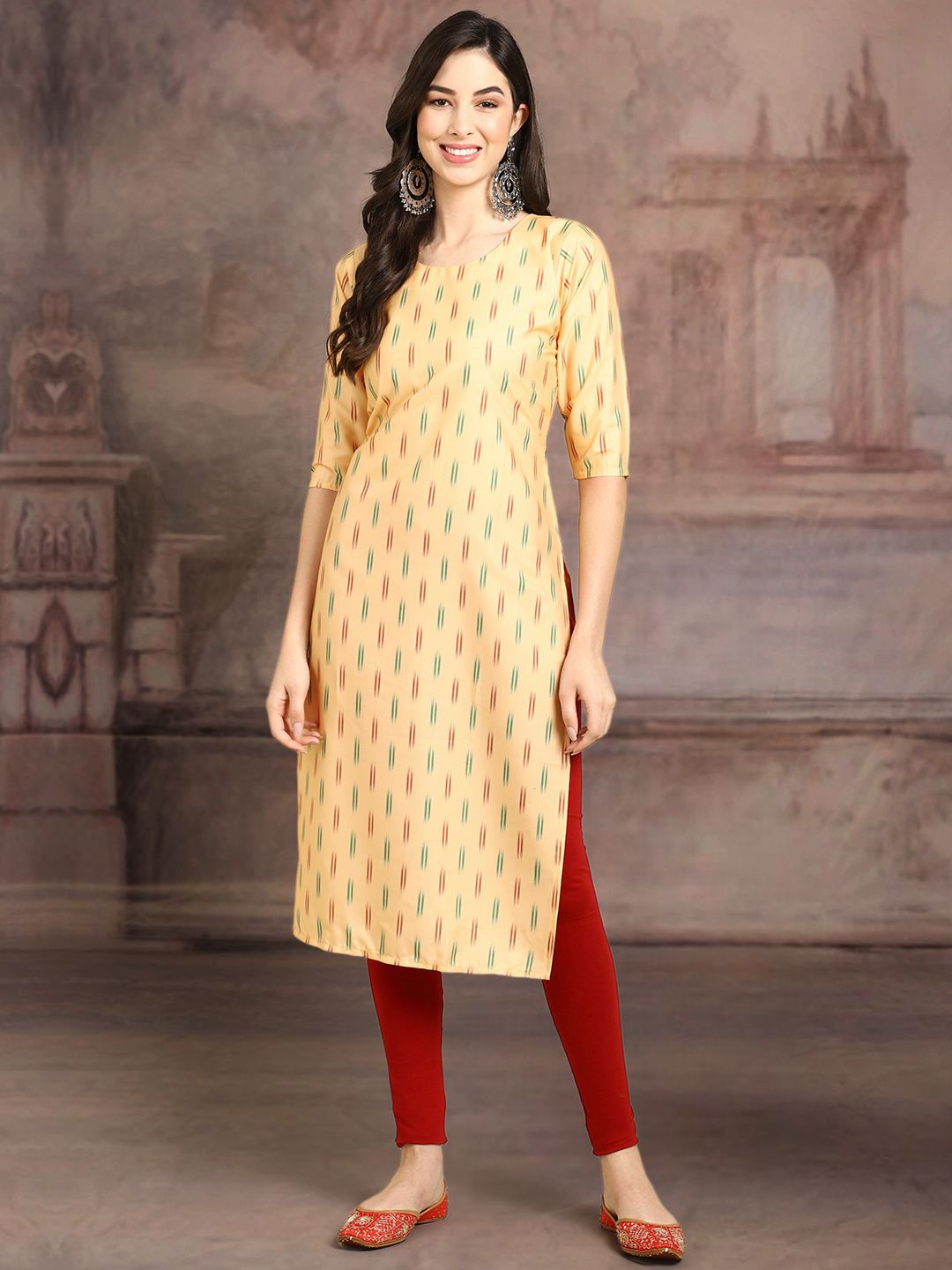 

7Threads Abstract Printed Round Neck Straight Crepe Kurta, Yellow