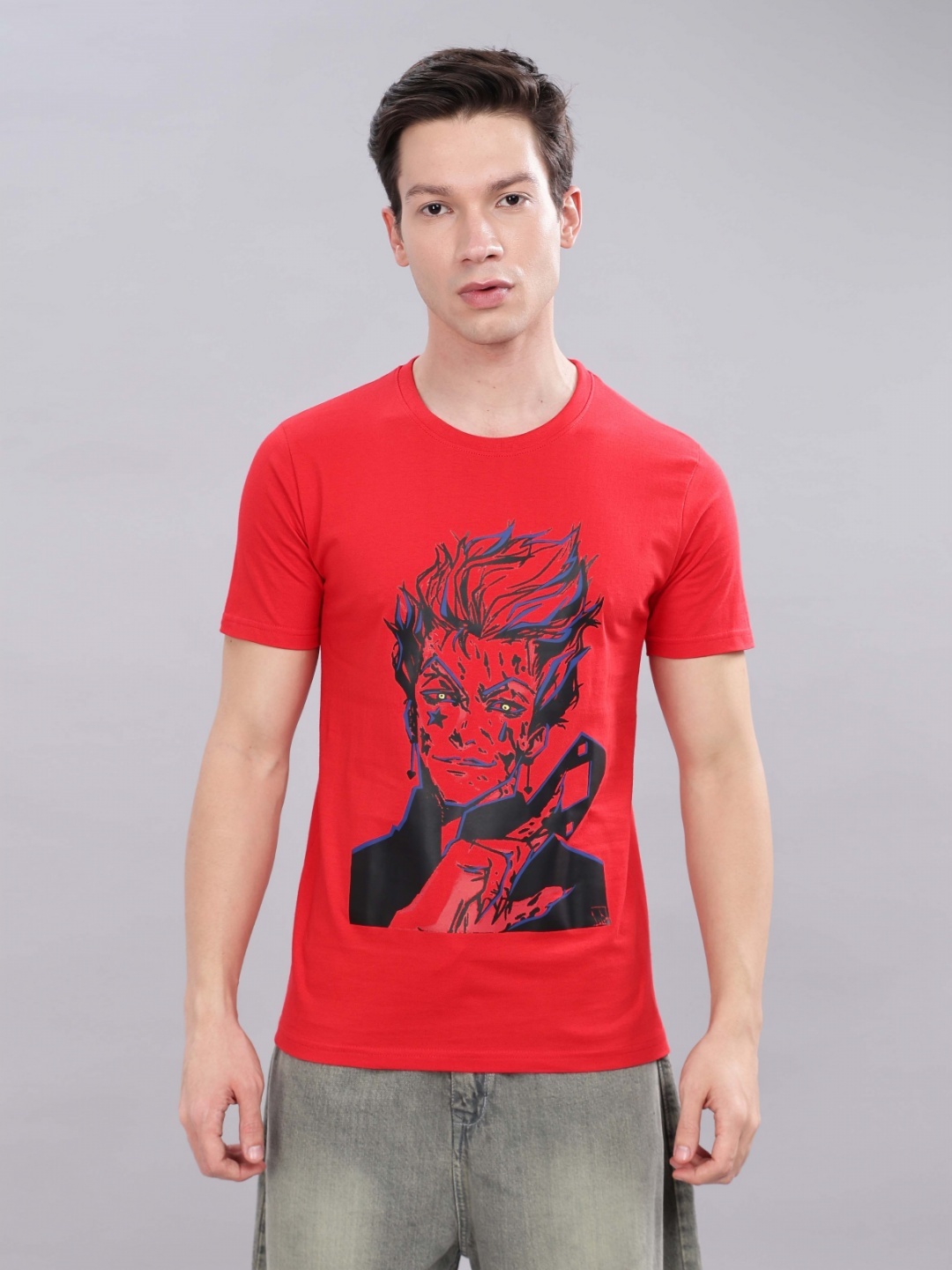 

TOMHIDDLE Men Jocker Graphic Printed Round Neck Cotton T-shirt, Red