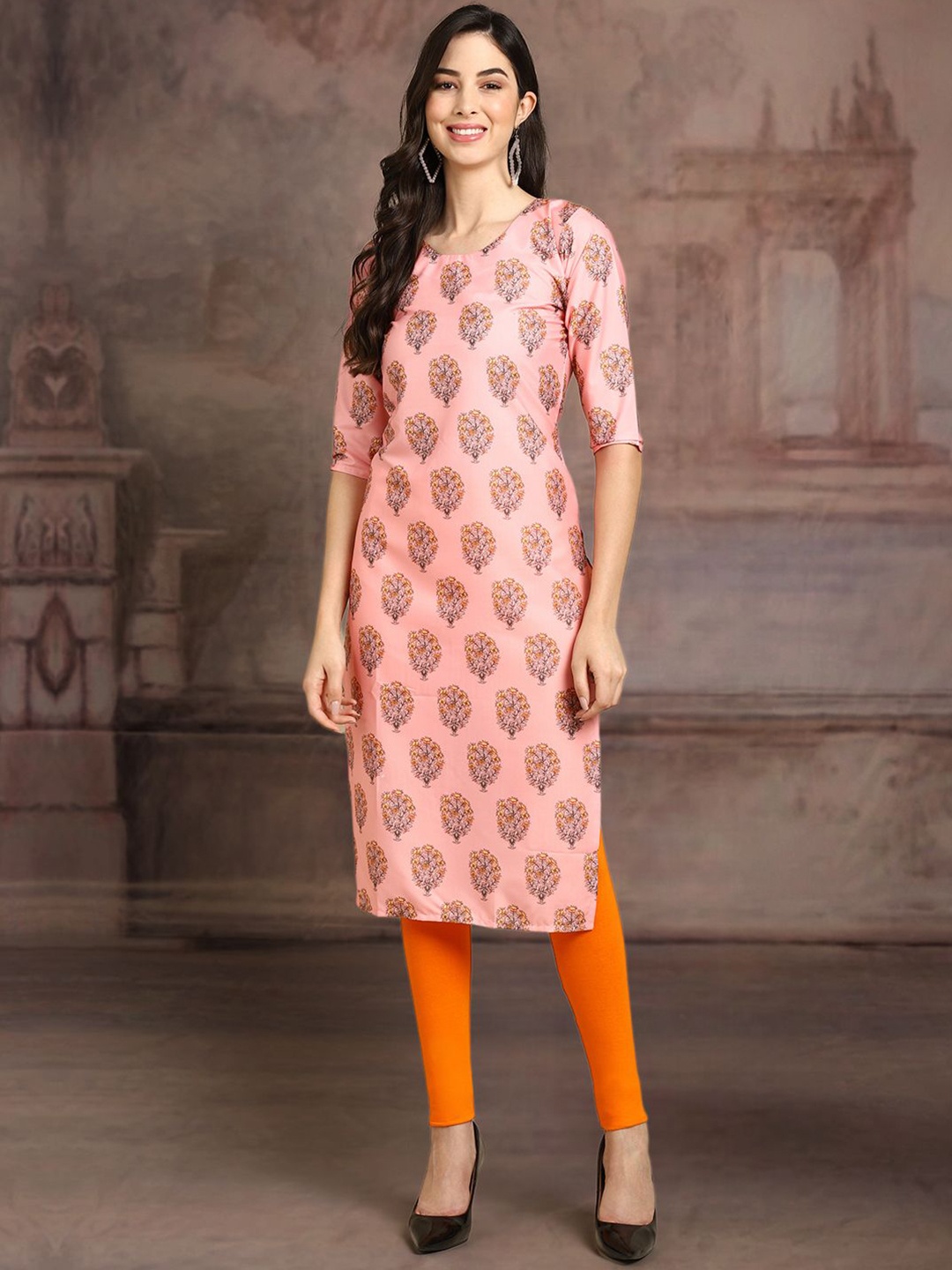 

7Threads Ethnic Motifs Printed Round Neck Straight Kurta, Pink
