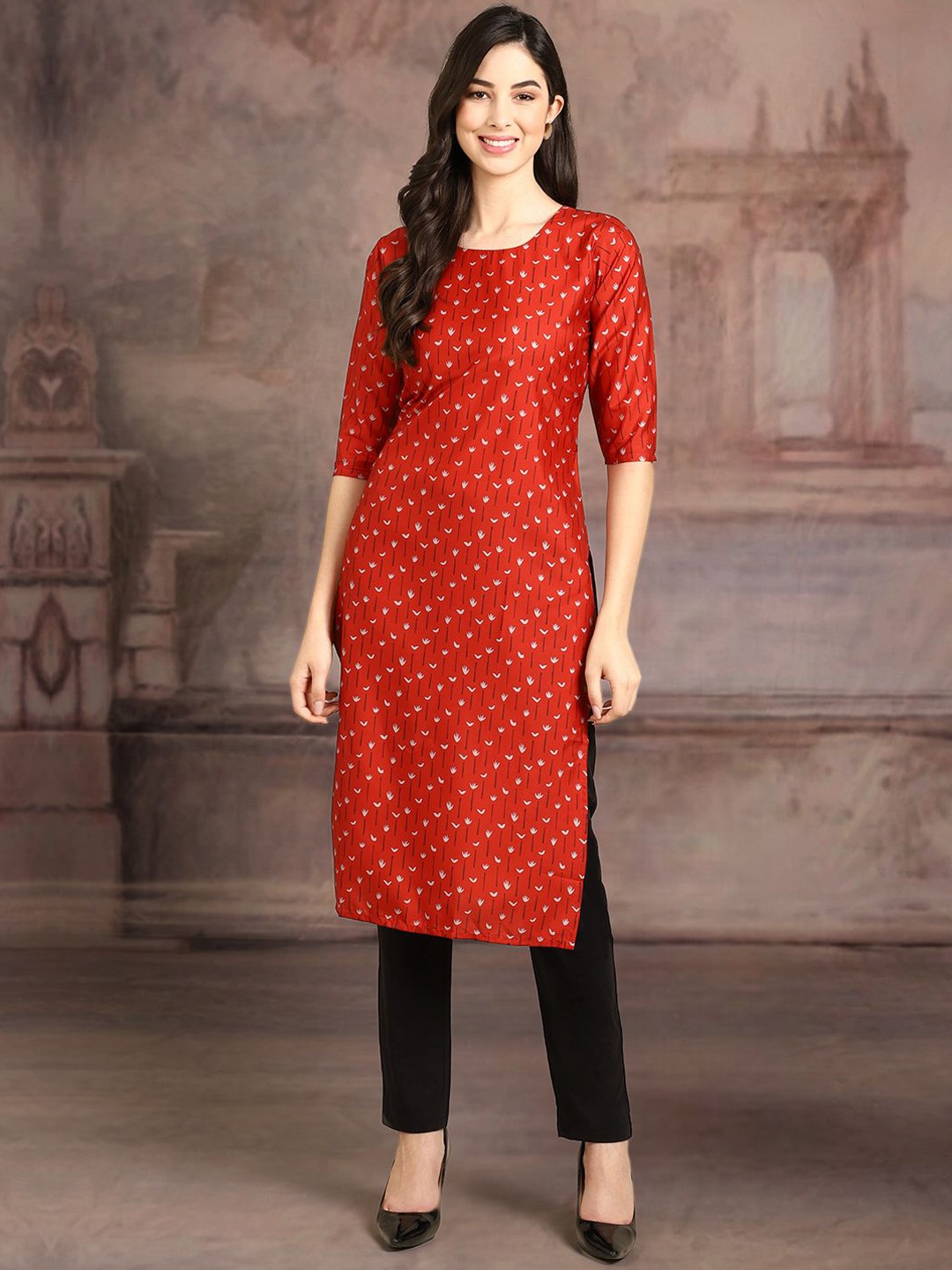 

7Threads Women Ethnic Motifs Printed Floral Crepe Kurta, Red