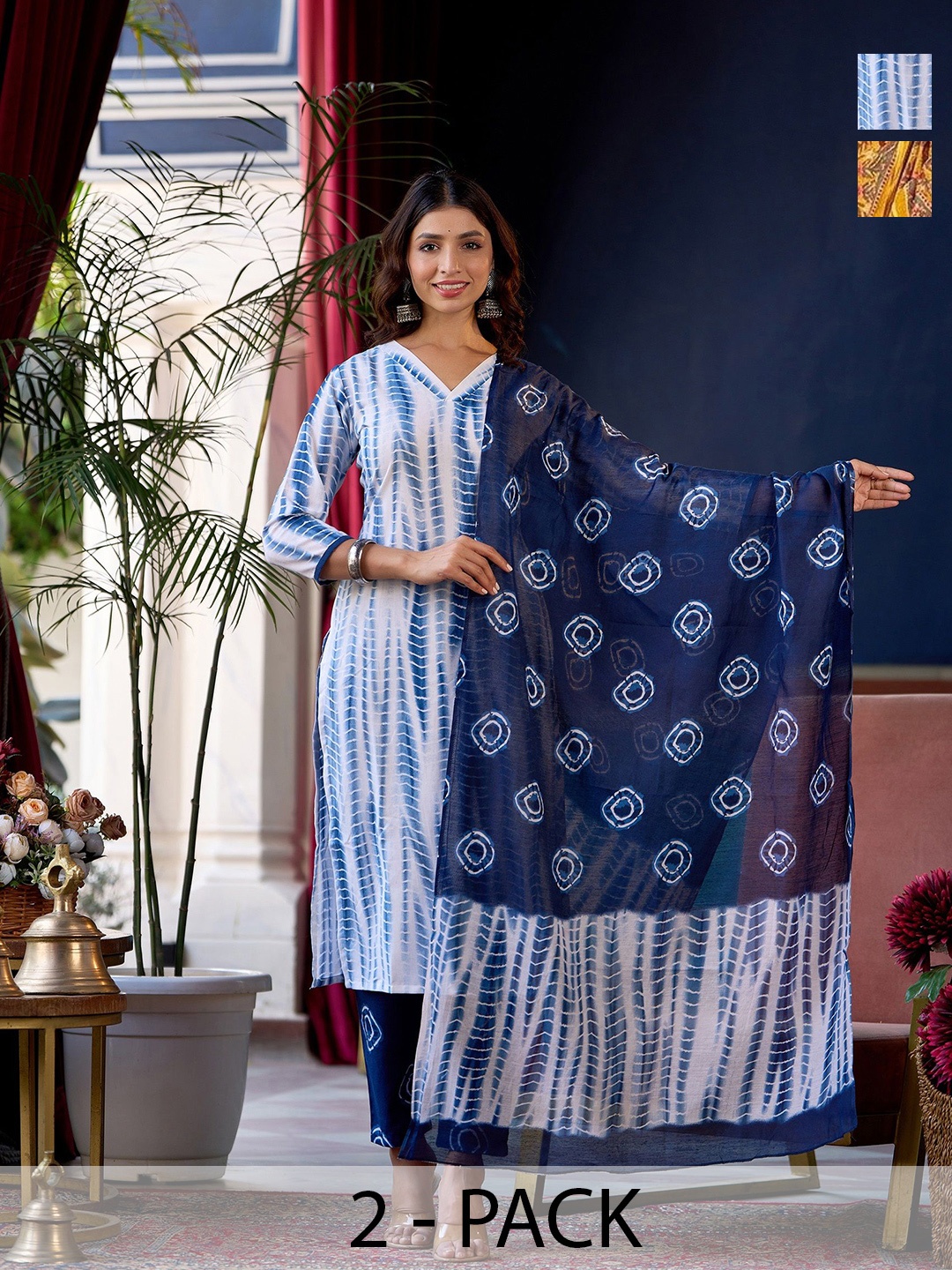 

KALINI Selection Of 2 Shibori Dyed Straight Kurtas with Trousers and Dupatta, Blue