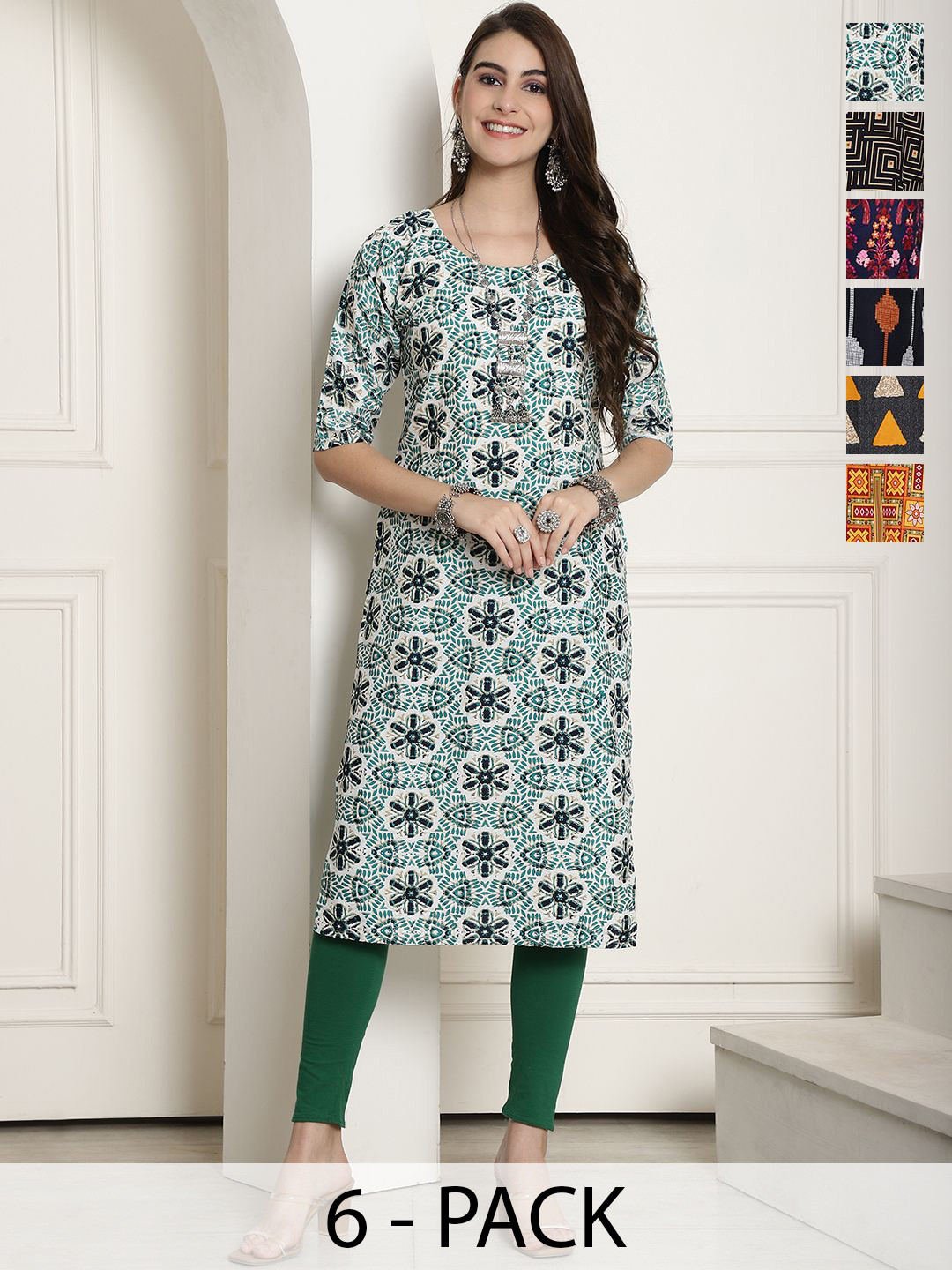 

7Threads Selection Of 6 Ethnic Motifs Printed Round Neck Straight Kurta, Green