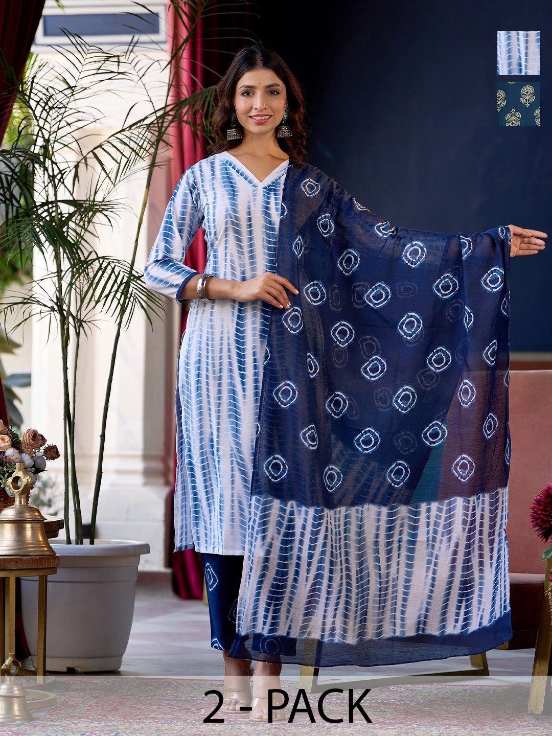 

KALINI Selection Of 2 Shibori Dyed V-Neck Straight Kurta With Trouser And Dupatta, White