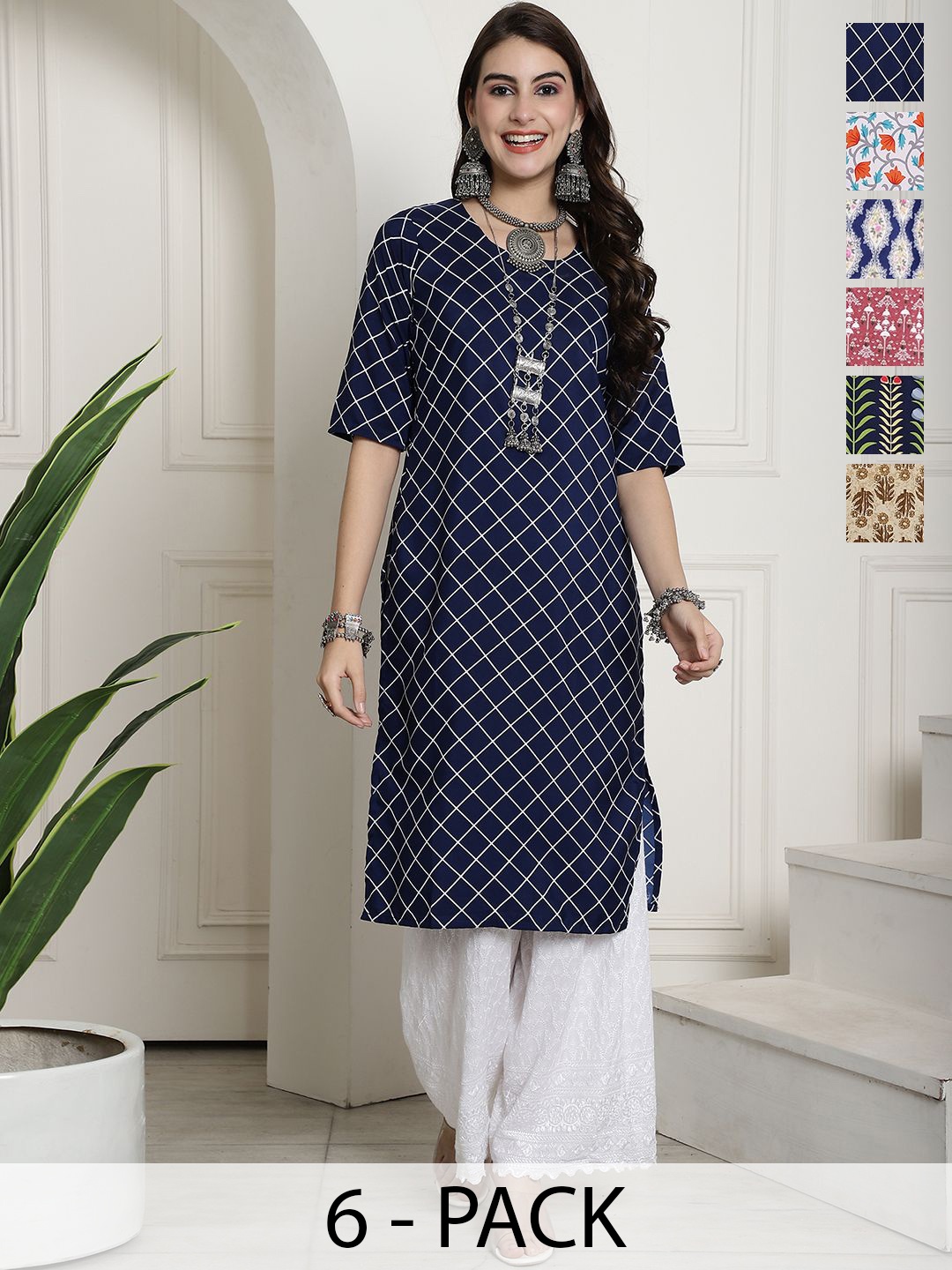 

7Threads Selection Of 6 Ethnic Motifs Printed Round Neck Straight Kurta, Blue