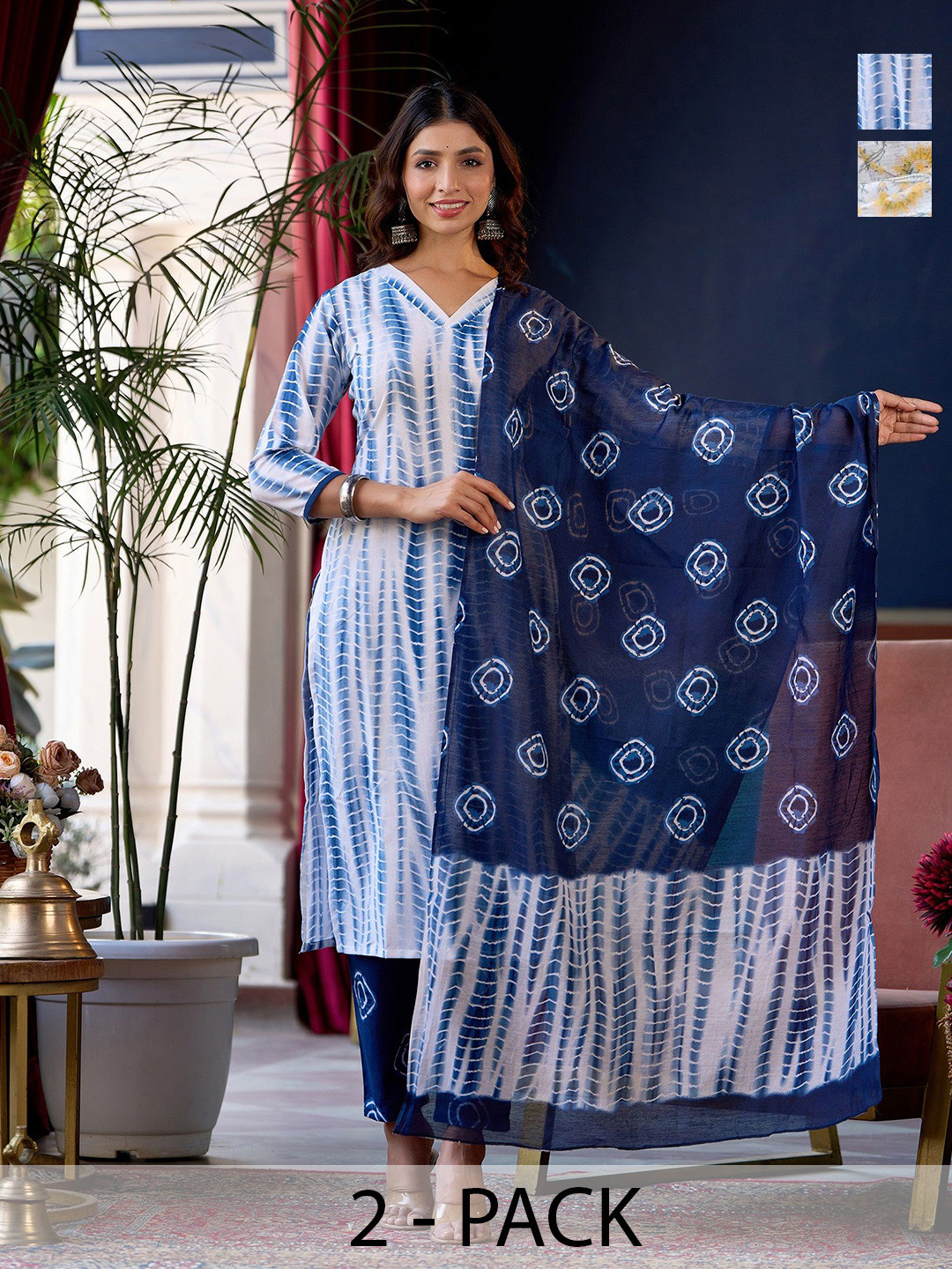 

KALINI Selection Of 2 Shibori Dyed V-Neck Straight Kurtas With Trousers And Dupattas, White