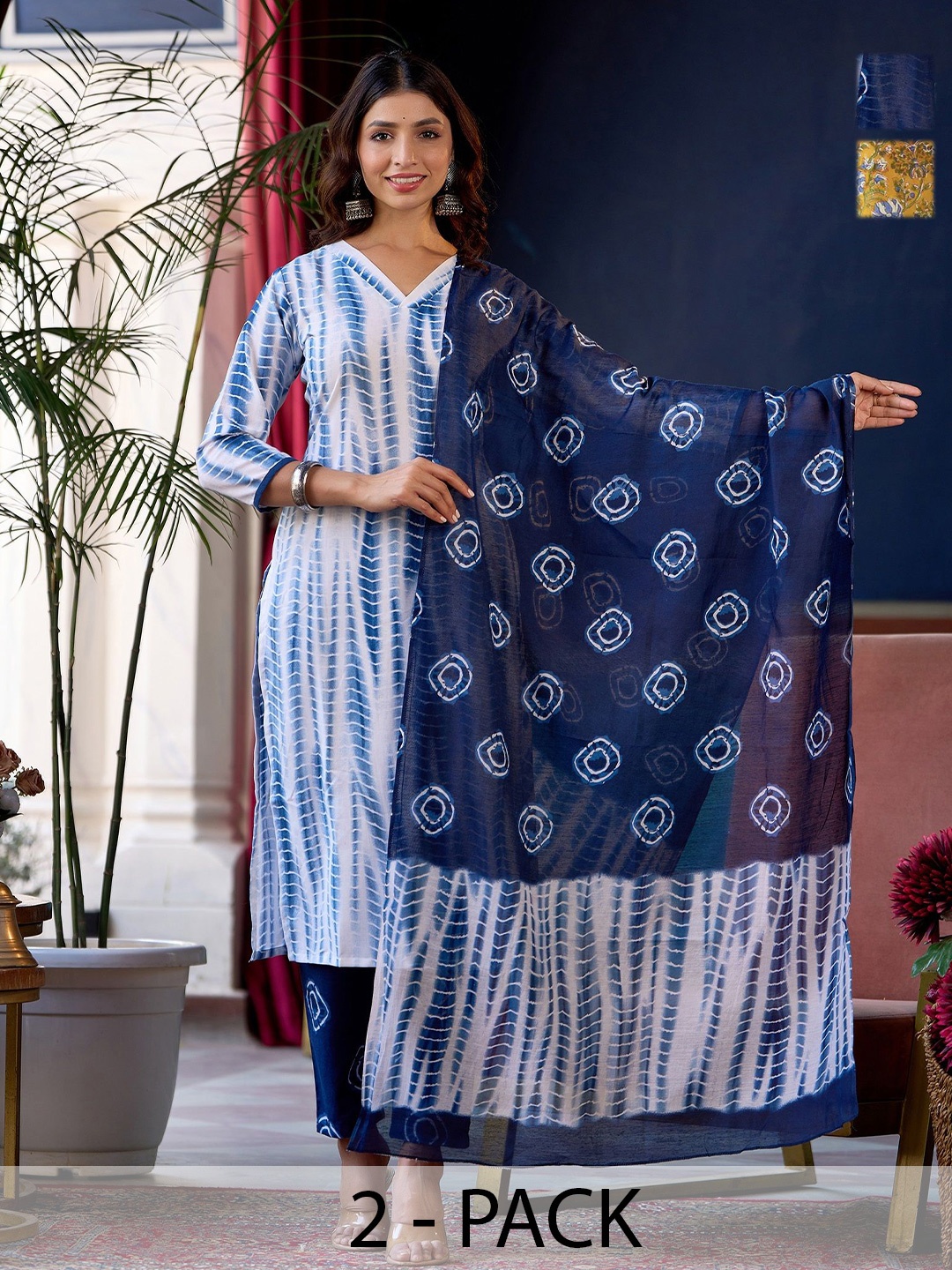 

KALINI Selection Of 2 Shibori Dyed V-Neck Straight Kurtas With Trousers And Dupattas, White