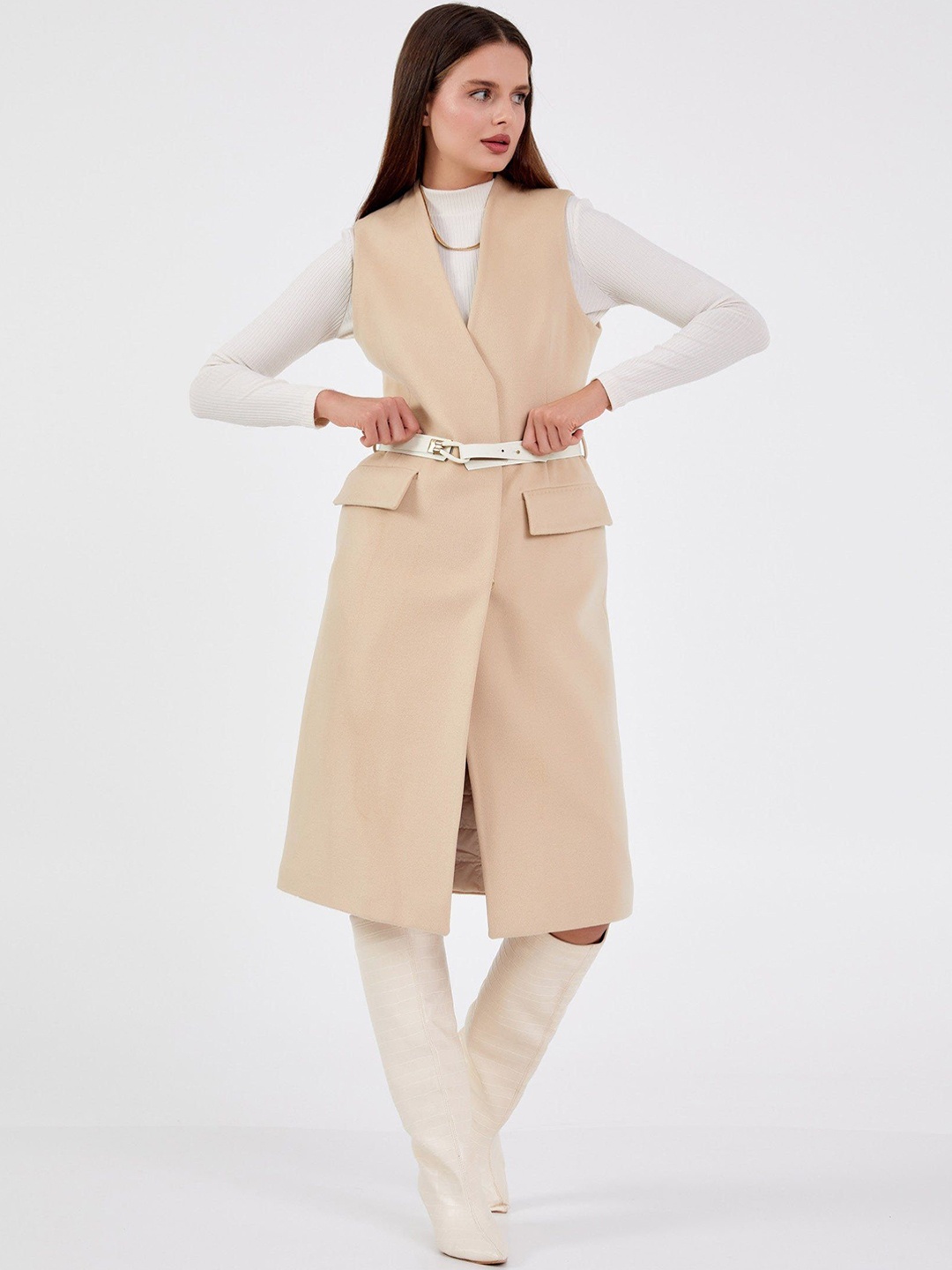 

Fashion Gaiia Women Sleeveless Front Open Long Over Coat, Beige