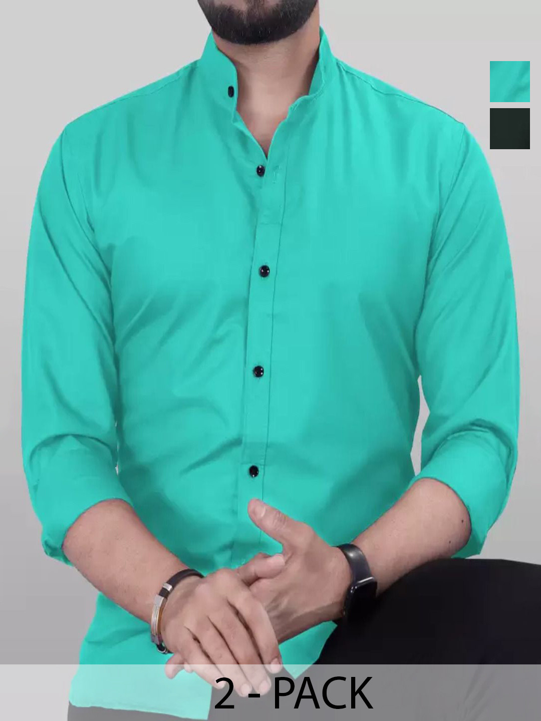 

Tanip Men Pack Of 2 Band Collar Solid Cotton Casual Shirts, Sea green
