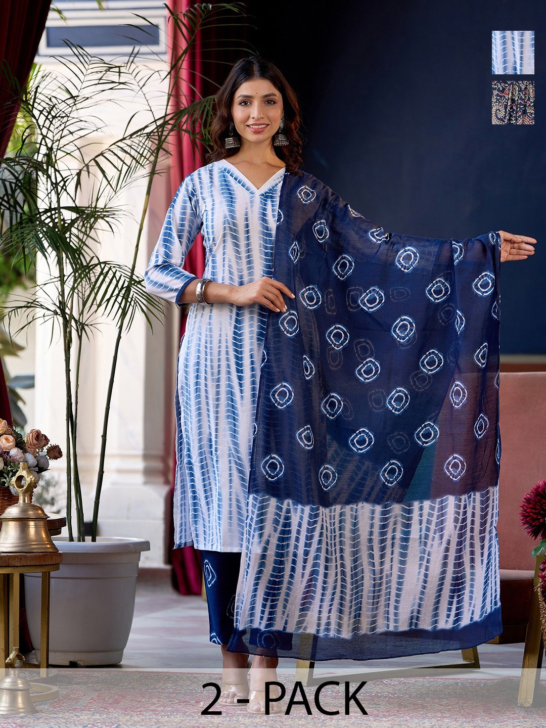 

KALINI Selection Of 2 Shibori Dyed V-Neck Straight Kurtas With Trousers And Dupattas, White