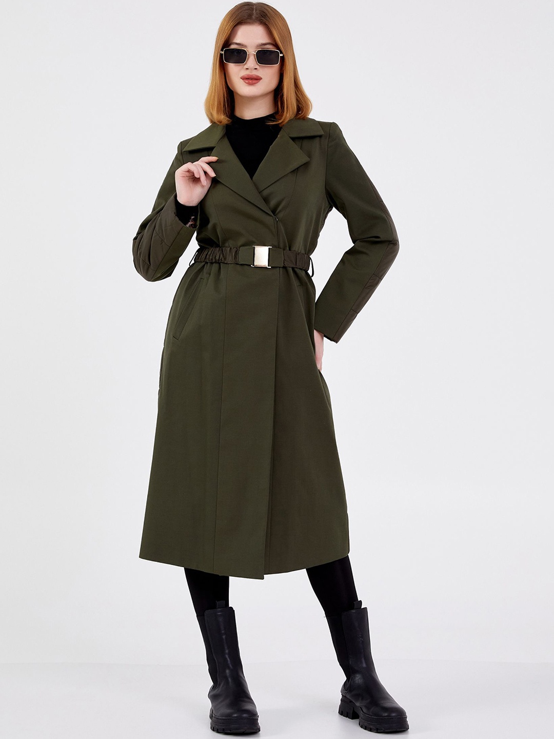 

Fashion Gaiia Women Notched Lapel Collar Single-Breasted Long Trench Coat With Belt, Olive