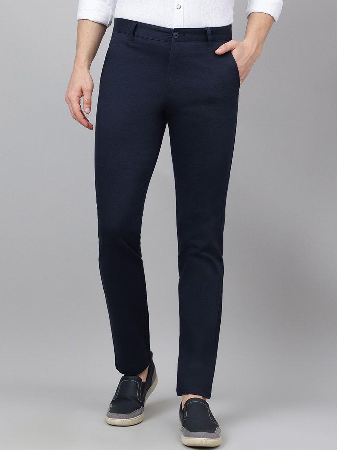 

Richlook Men Smart Mid-Rise Regular Fit Cotton Trousers, Navy blue