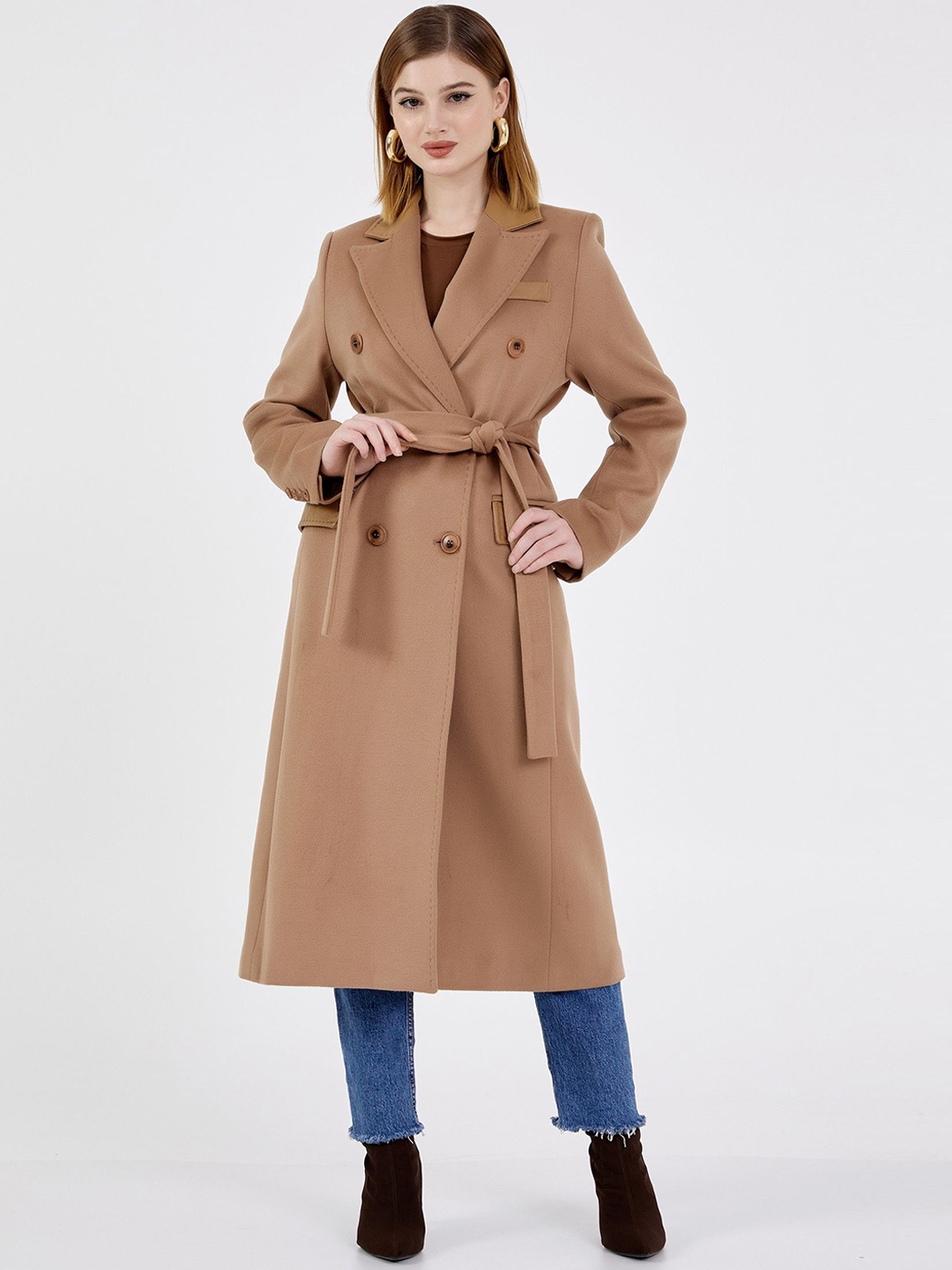 

Fashion Gaiia Women Notched Lapel Collar Double-Breasted Long Overcoat, Brown