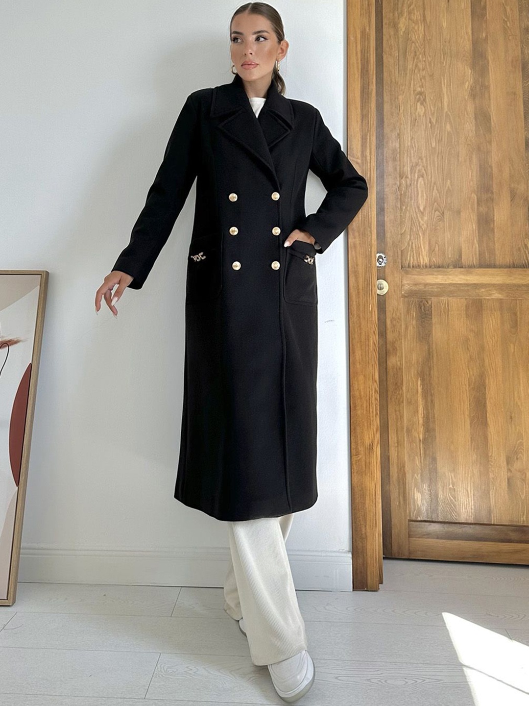

Fashion Gaiia Women Notched Lapel Collar Double-Breasted Long Overcoat, Black