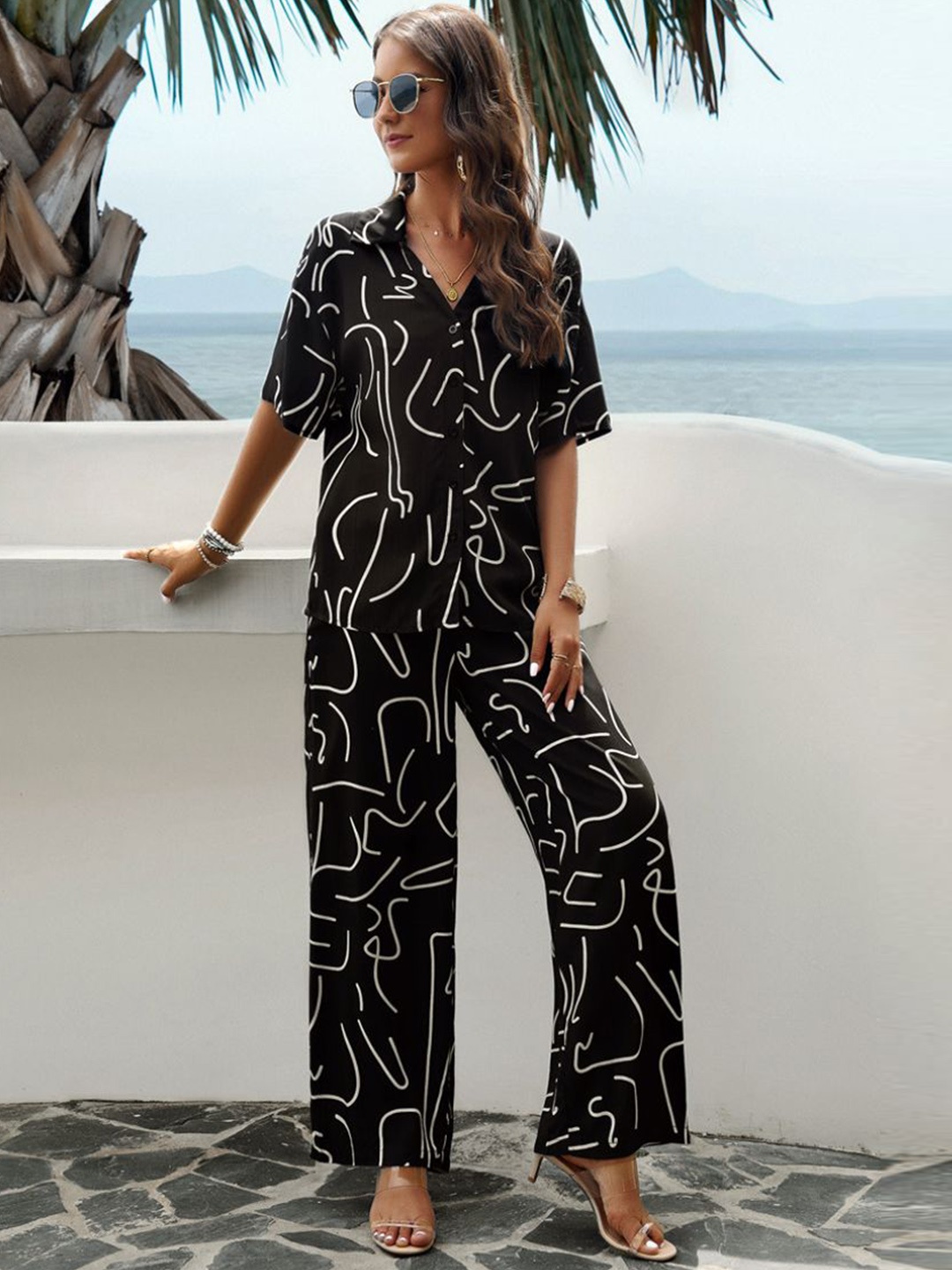

StyleCast Abstract Printed Shirt Collar Shirt With Palazzos, Black