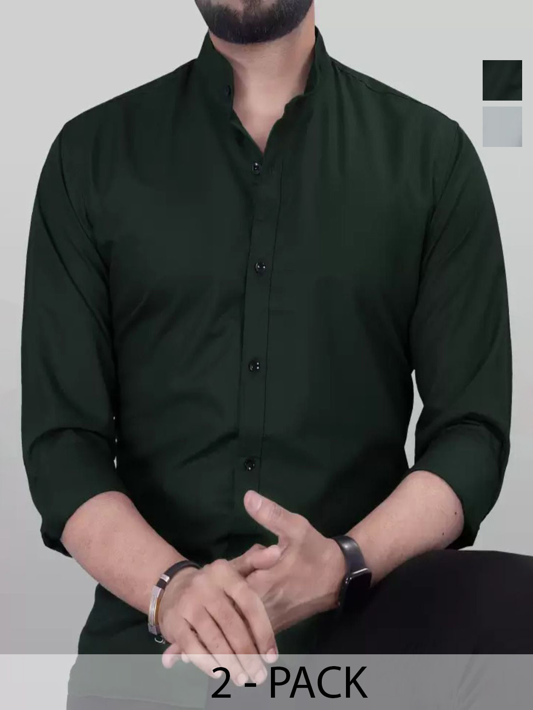 

Tanip Men Pack Of 2 Band Collar Solid Cotton Casual Shirts, Olive