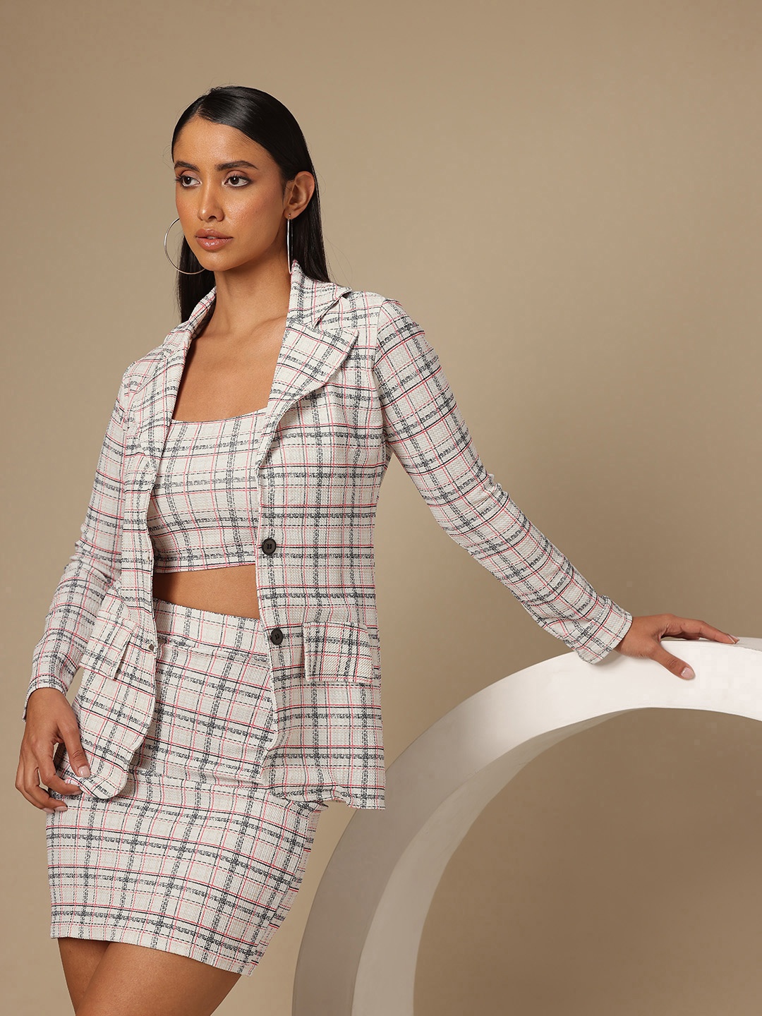 

Chemistry Checked Top with Blazer and Skirt, Cream