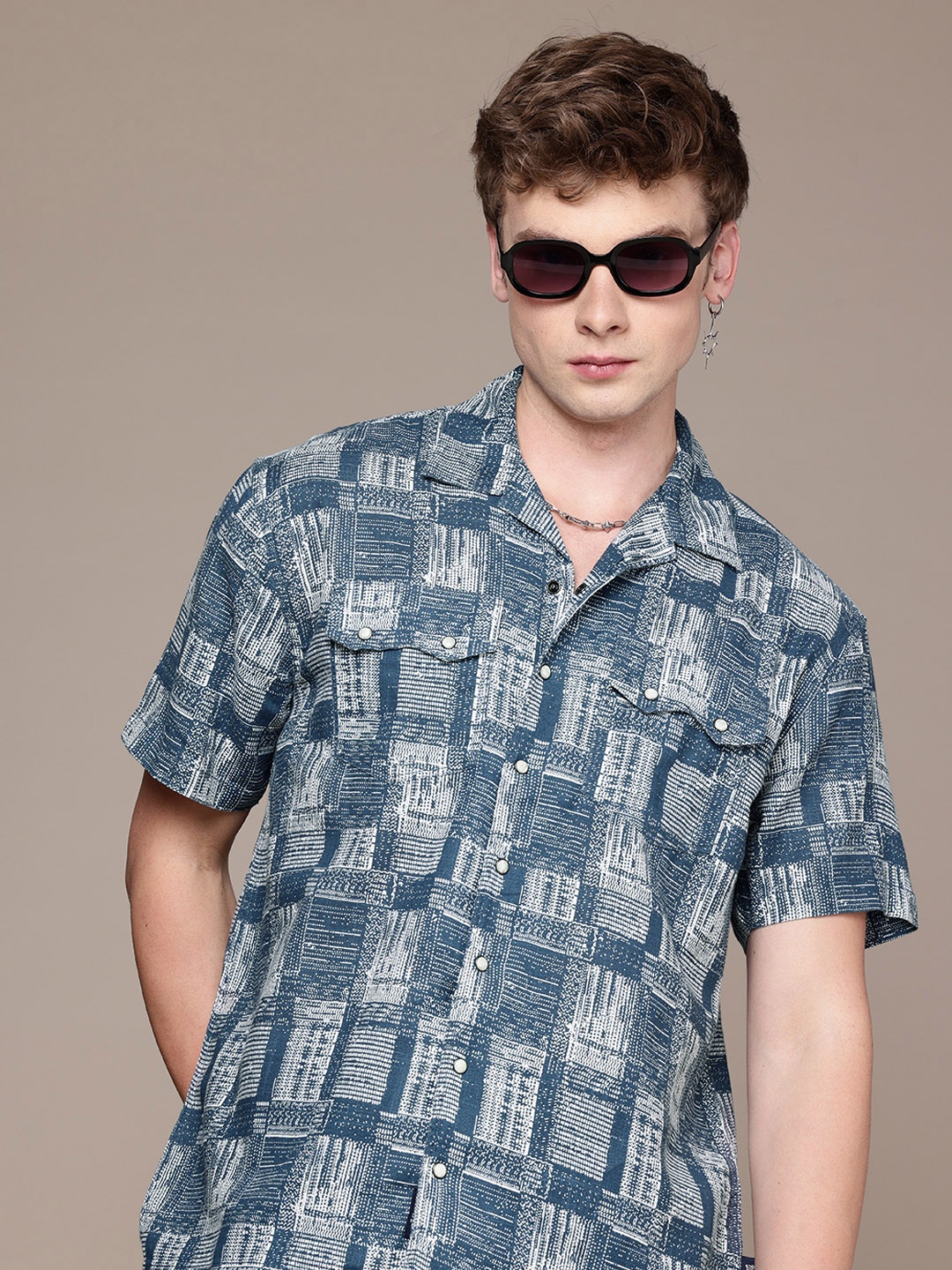 

The Roadster Life Co. Pure Cotton Abstract Printed Drop-Shoulder Relaxed Fit Casual Shirt, Blue