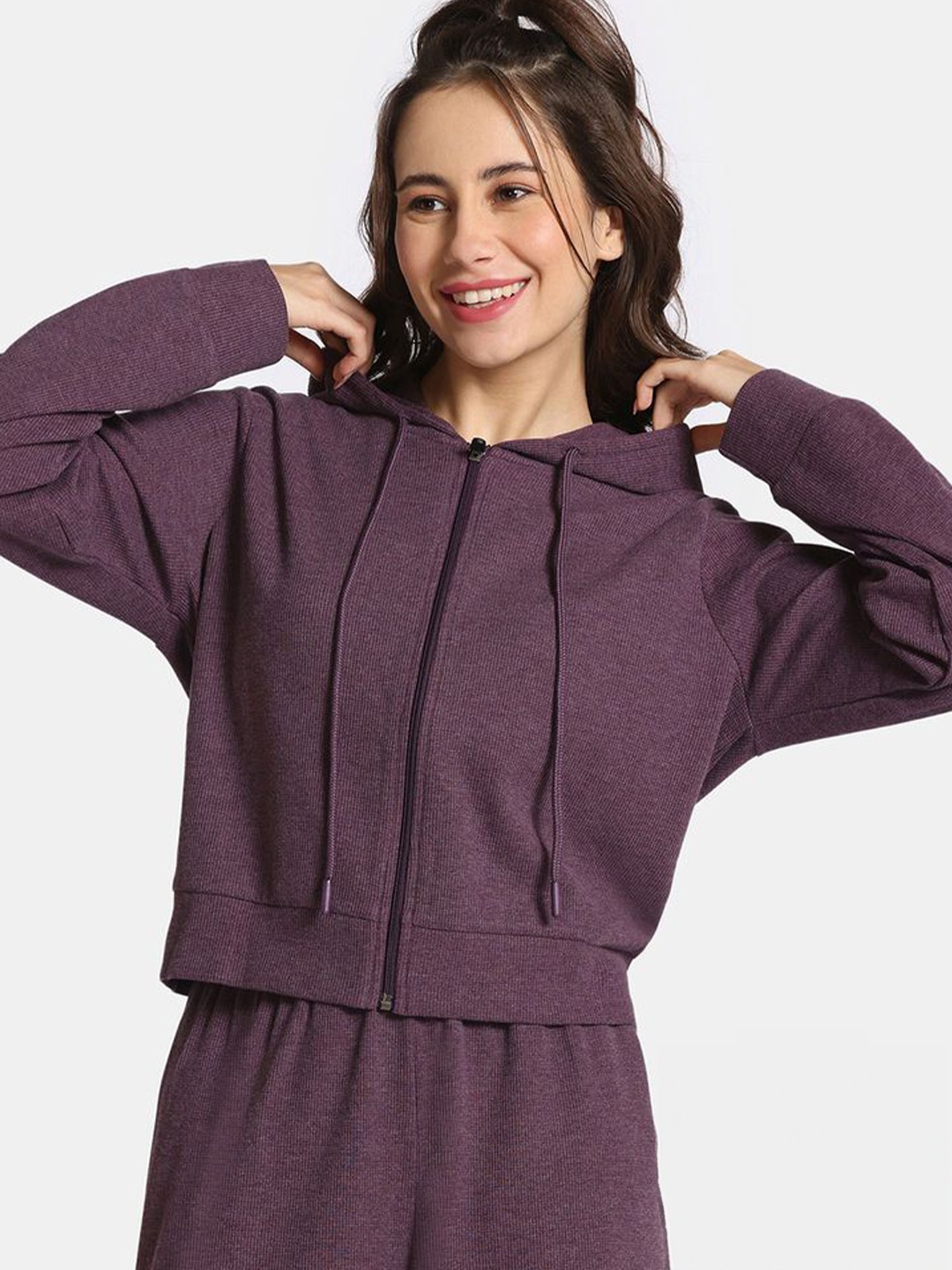 

Rosaline by Zivame Women RO65DM Hooded Front-Open Sweatshirt, Purple