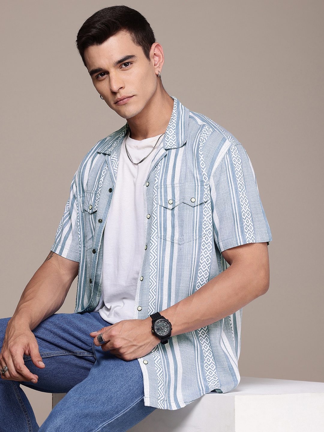 

The Roadster Life Co. Pure Cotton Relaxed Fit Striped Casual Shirt, Blue