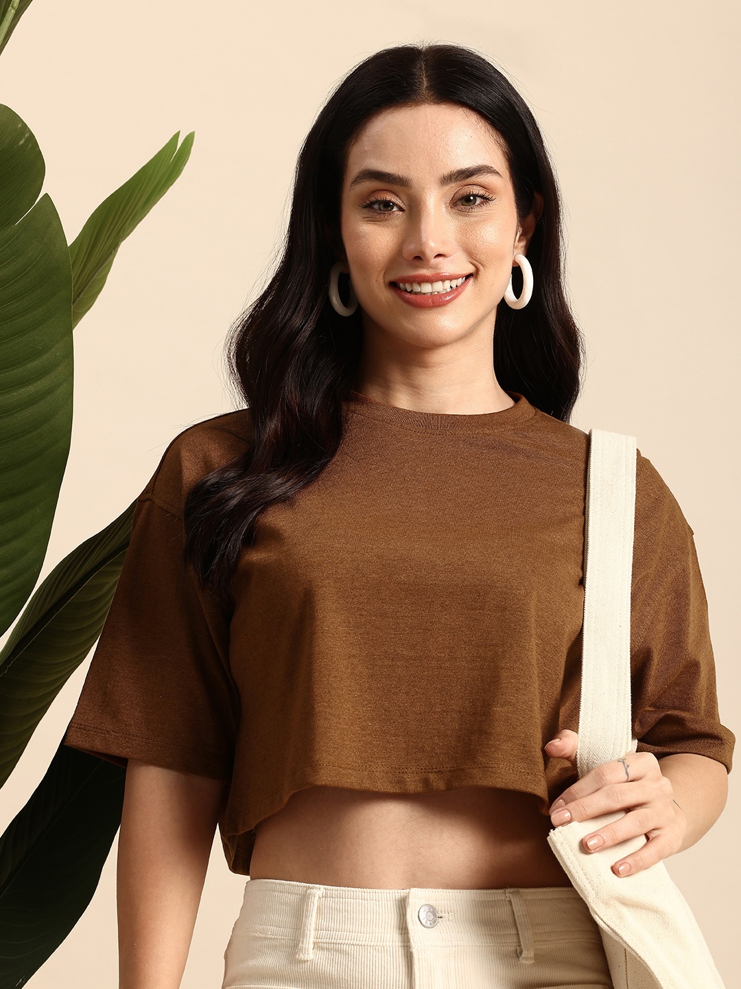 

Mast & Harbour Drop-Shoulder Sleeves Boxy Crop T-shirt, Brown