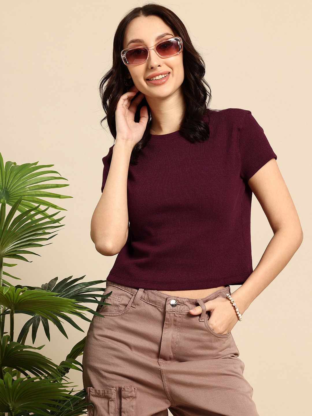 

Mast & Harbour Round Neck Ribbed T-shirt, Burgundy