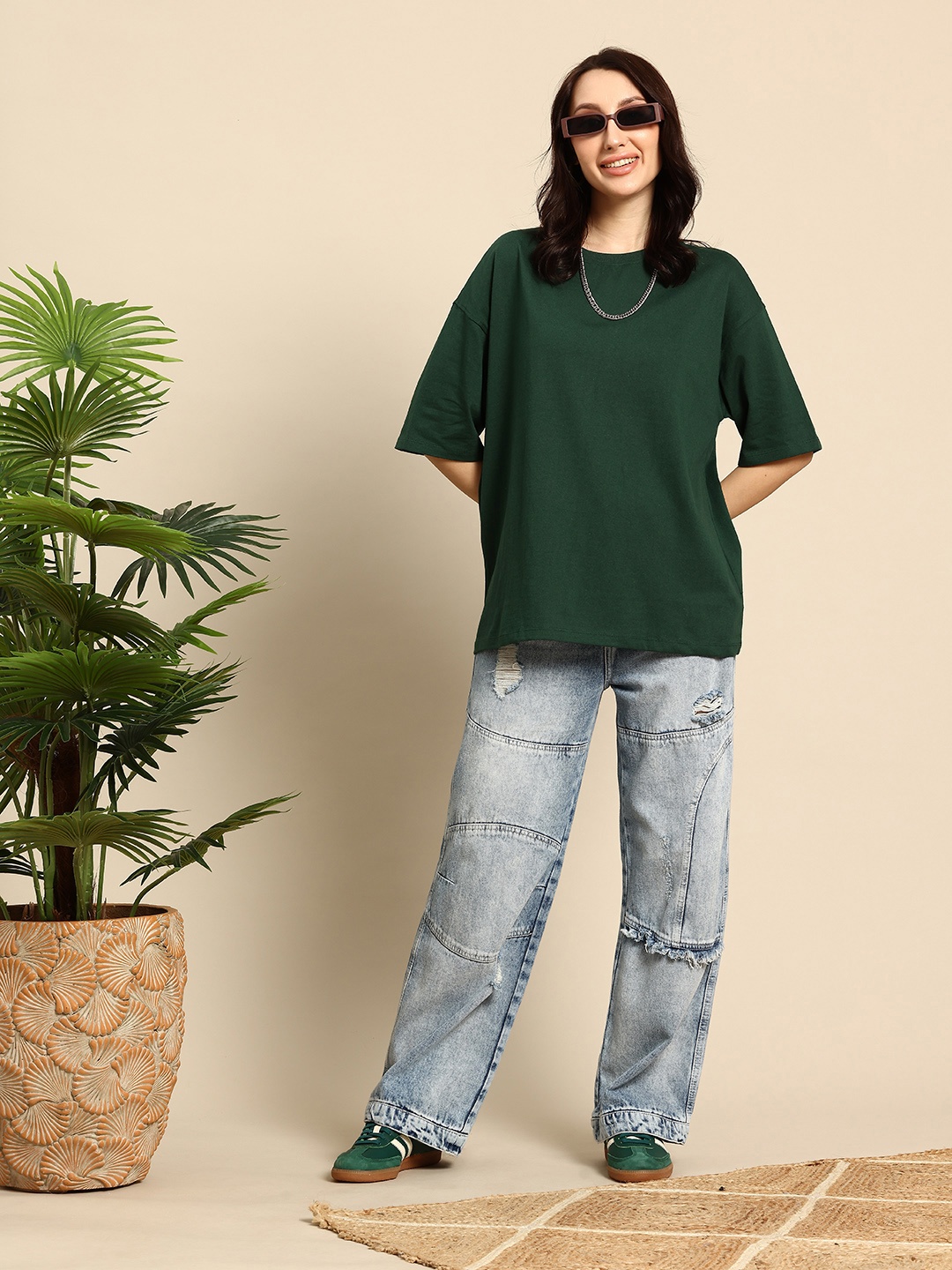 Mast & Harbour Drop-Shoulder Sleeves Oversized T-shirt, Green
