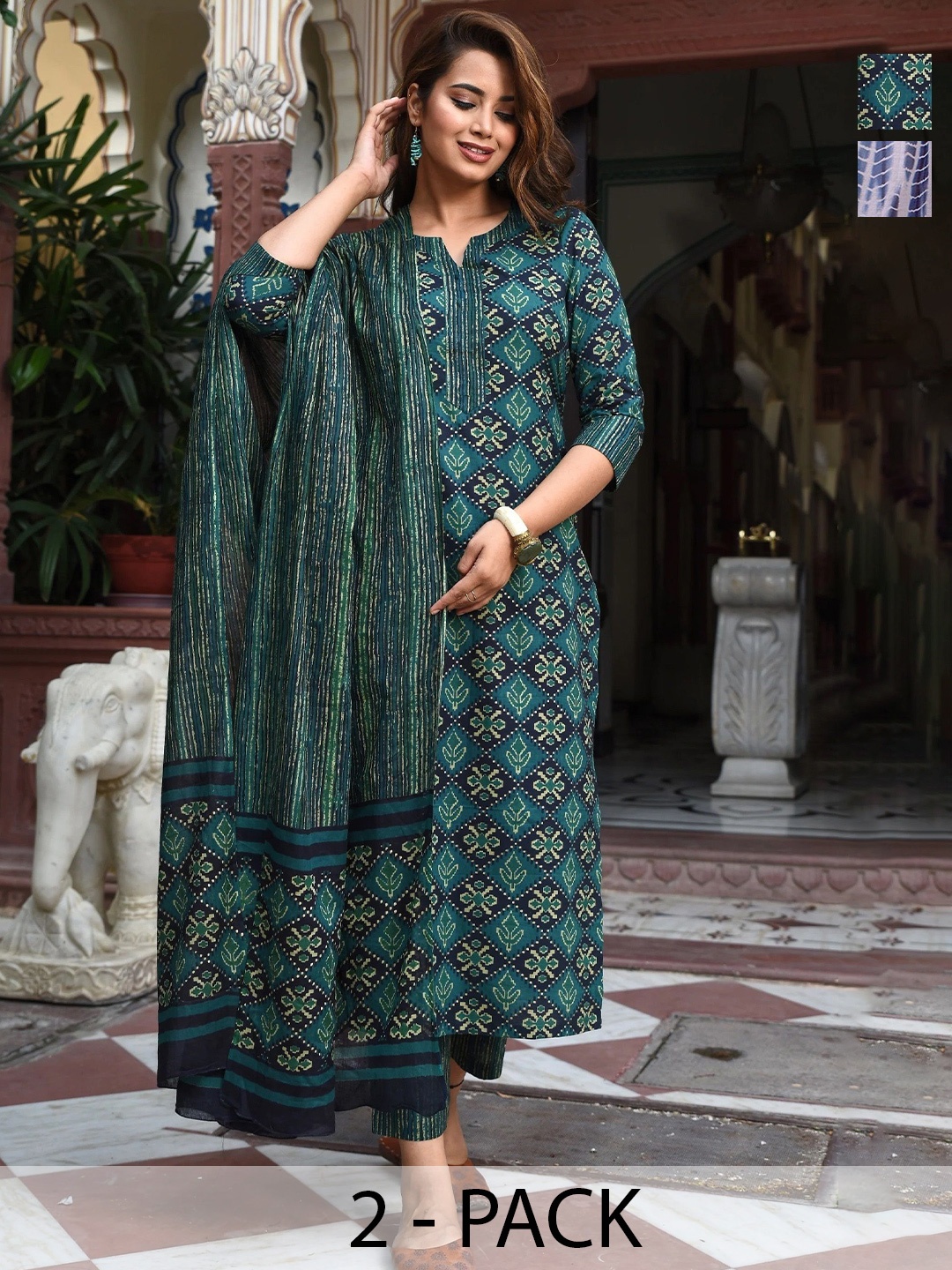 

KALINI Selection Of 2 Ethnic Motifs Printed V-Neck Kurtas With Trousers & Dupattas, Teal