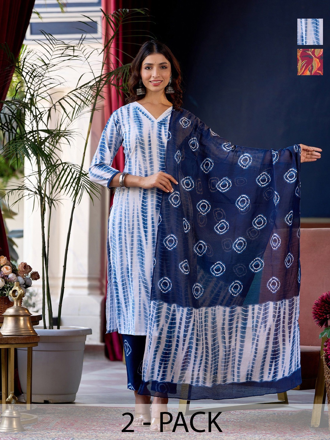 

KALINI Selection Of 2 Shibori Dyed V-Neck Straight Kurtas With Trousers And Dupattas, White