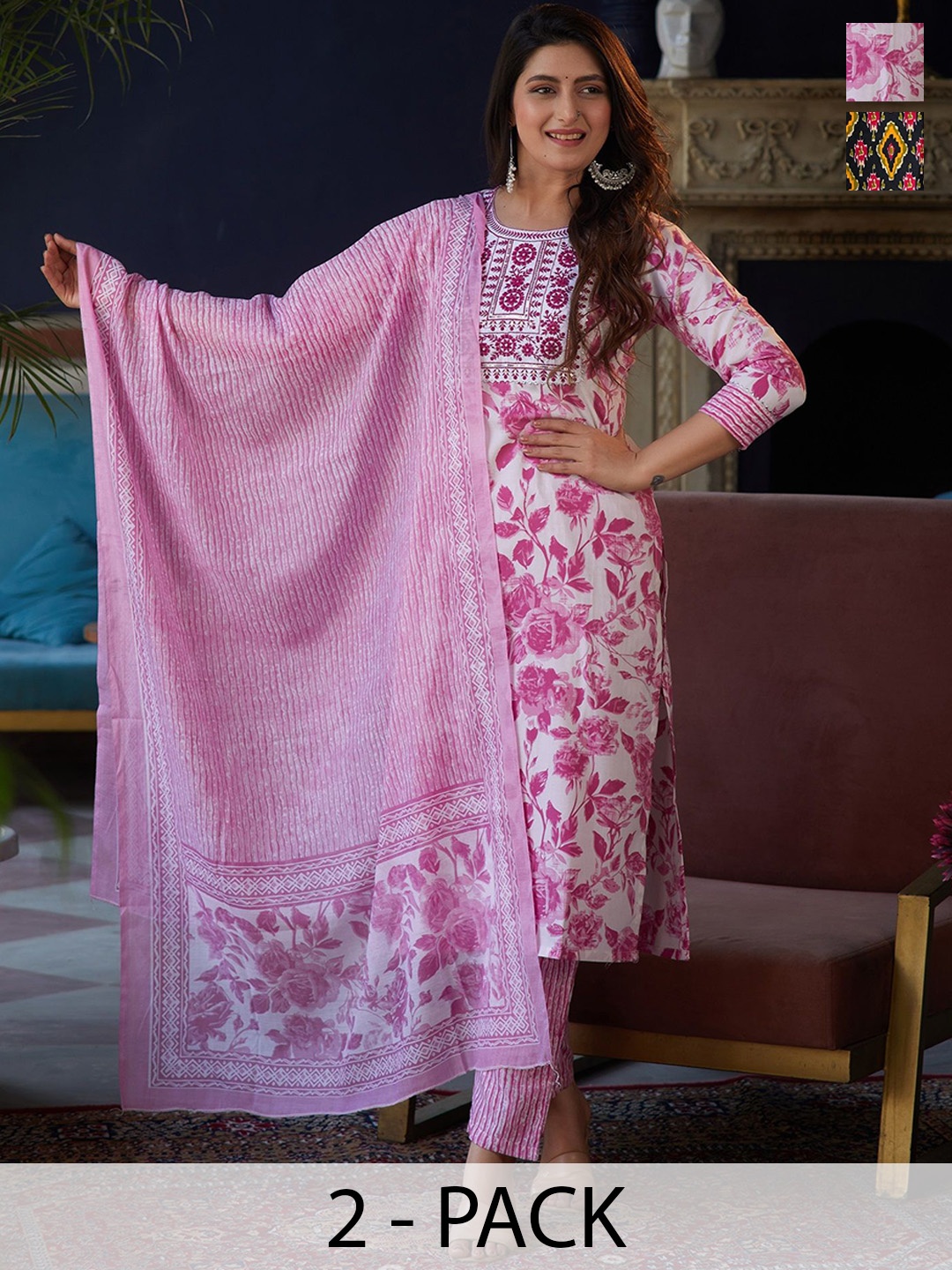 

KALINI Selection Of 2 Geometric Printed Notch Neck Kurtas With Trousers & Dupattas, Pink