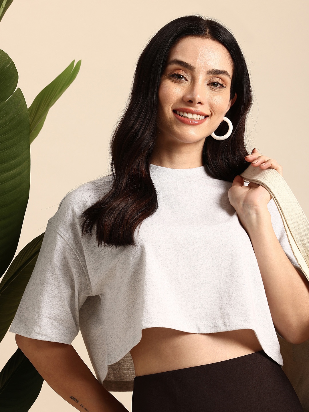 

Mast & Harbour Drop-Shoulder Sleeves Boxy Crop T-shirt, Grey