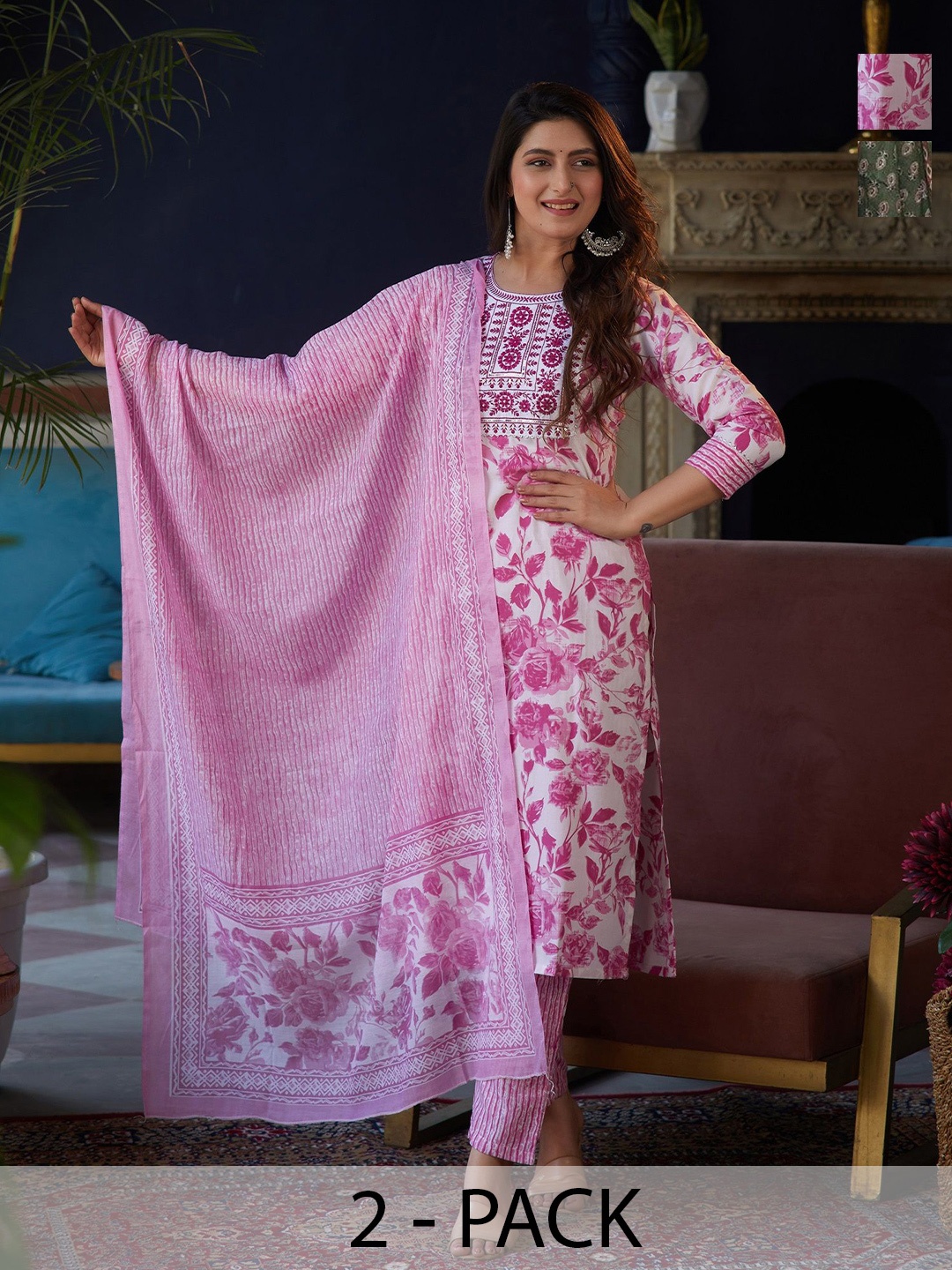 

KALINI Selection Of 2 Geometric Printed Notch Neck Kurtas With Trousers & Dupattas, Pink