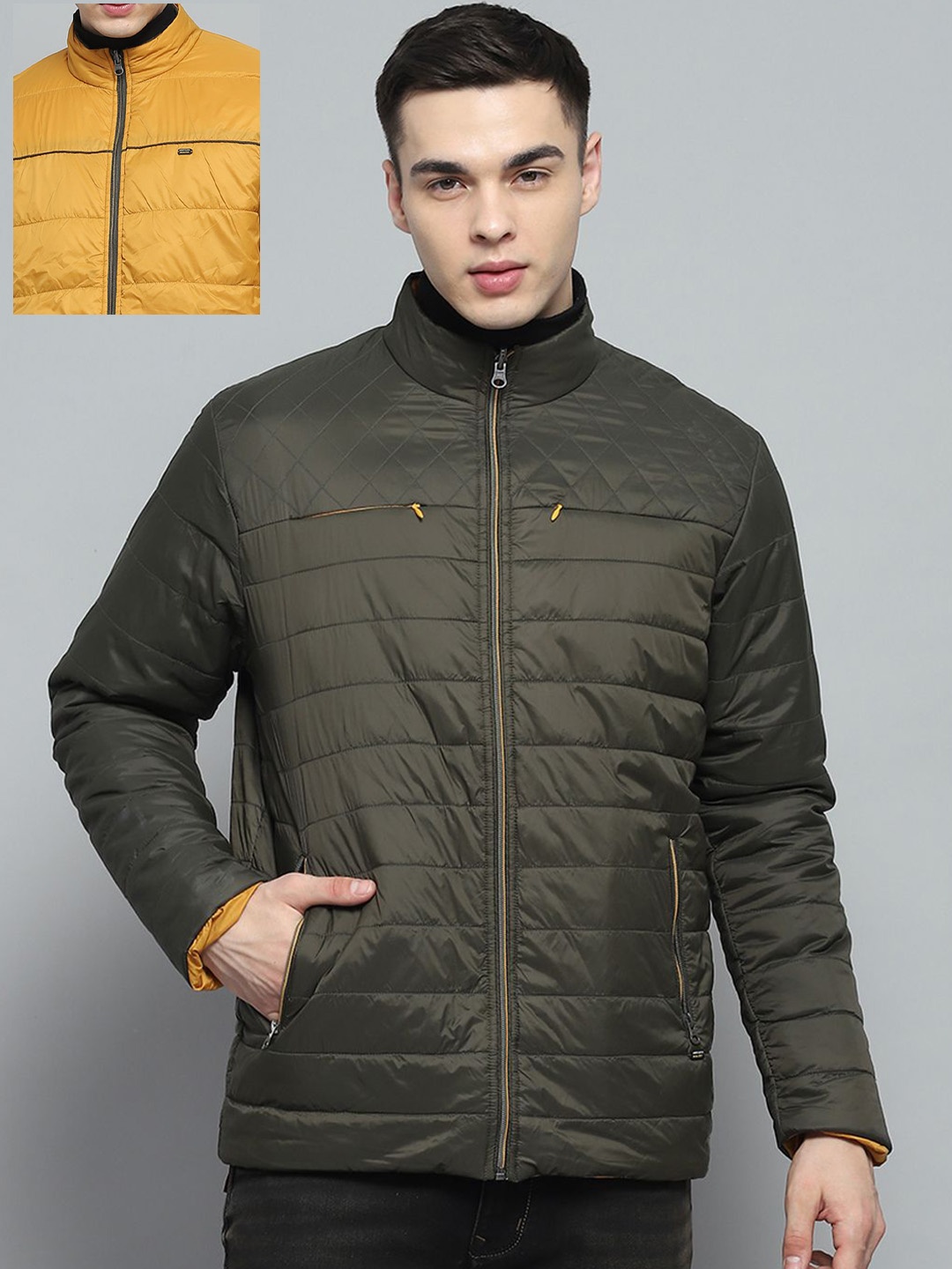 Monte Carlo Men Mock Collar Solid Casual Reversible Padded Jacket, Olive