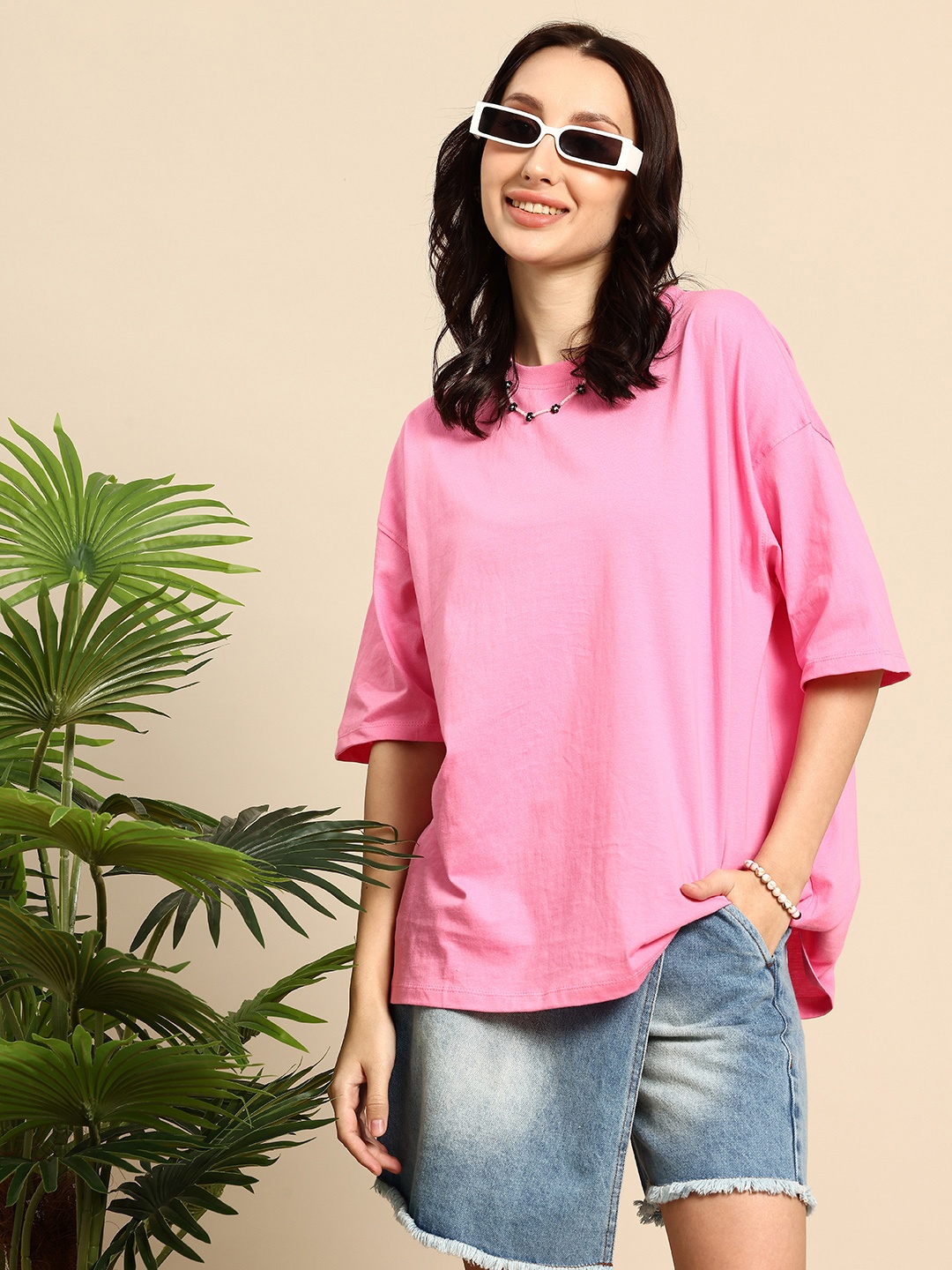 

Mast & Harbour Pure Cotton Drop-Shoulder Sleeves Oversized T-shirt, Pink