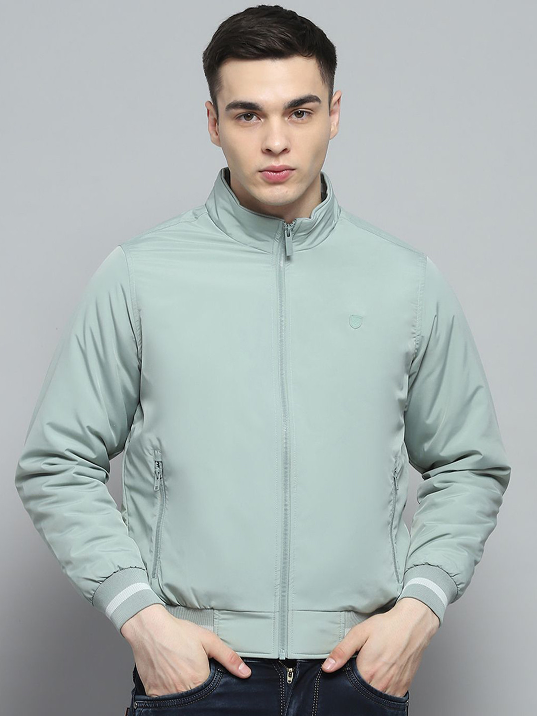 

Monte Carlo Men Mock Collar Solid Casual Lightweight Bomber Jacket, Sea green