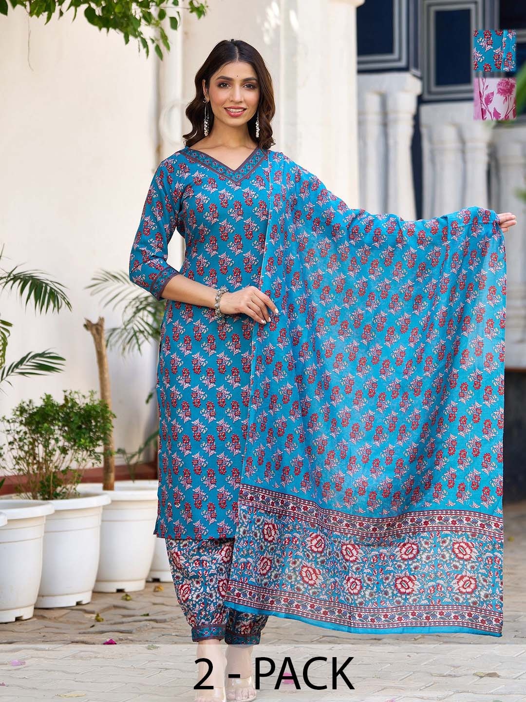

KALINI Selection Of 2 Floral Printed V-Neck Straight Kurtas With Trousers And Dupattas, Blue