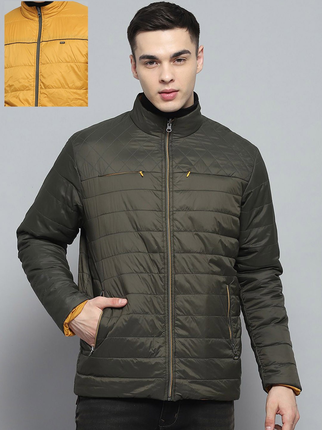 

Monte Carlo Men Mock Collar Solid Casual Reversible Padded Jacket, Olive