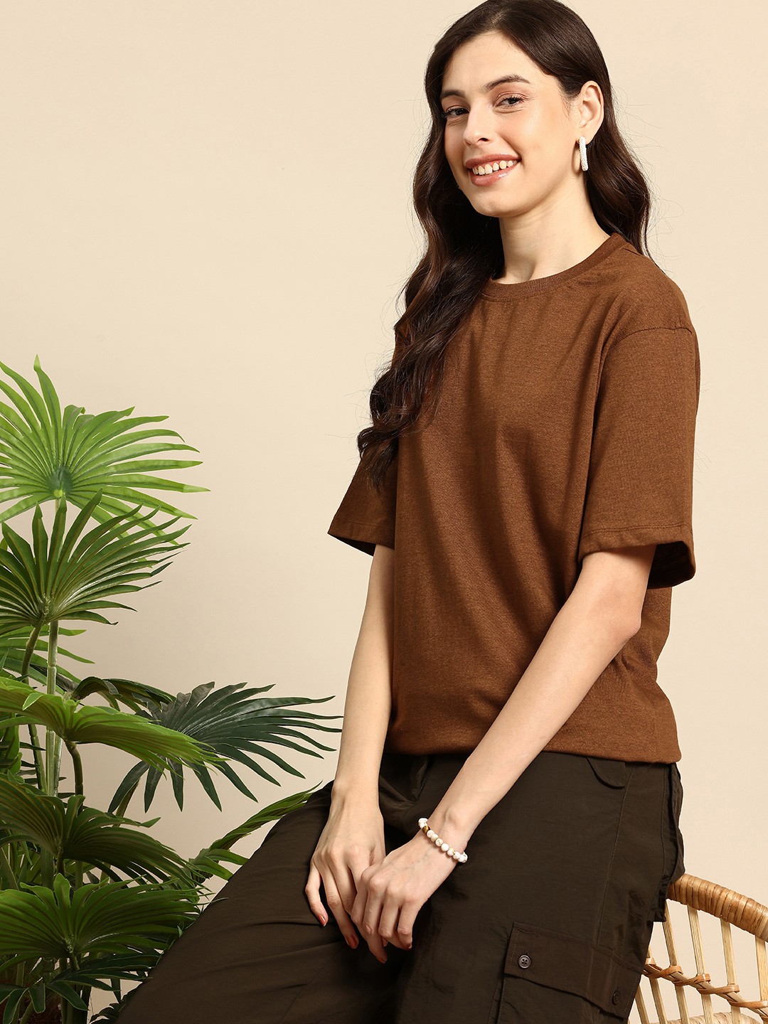 

Mast & Harbour Drop-Shoulder Sleeves Oversized T-shirt, Brown