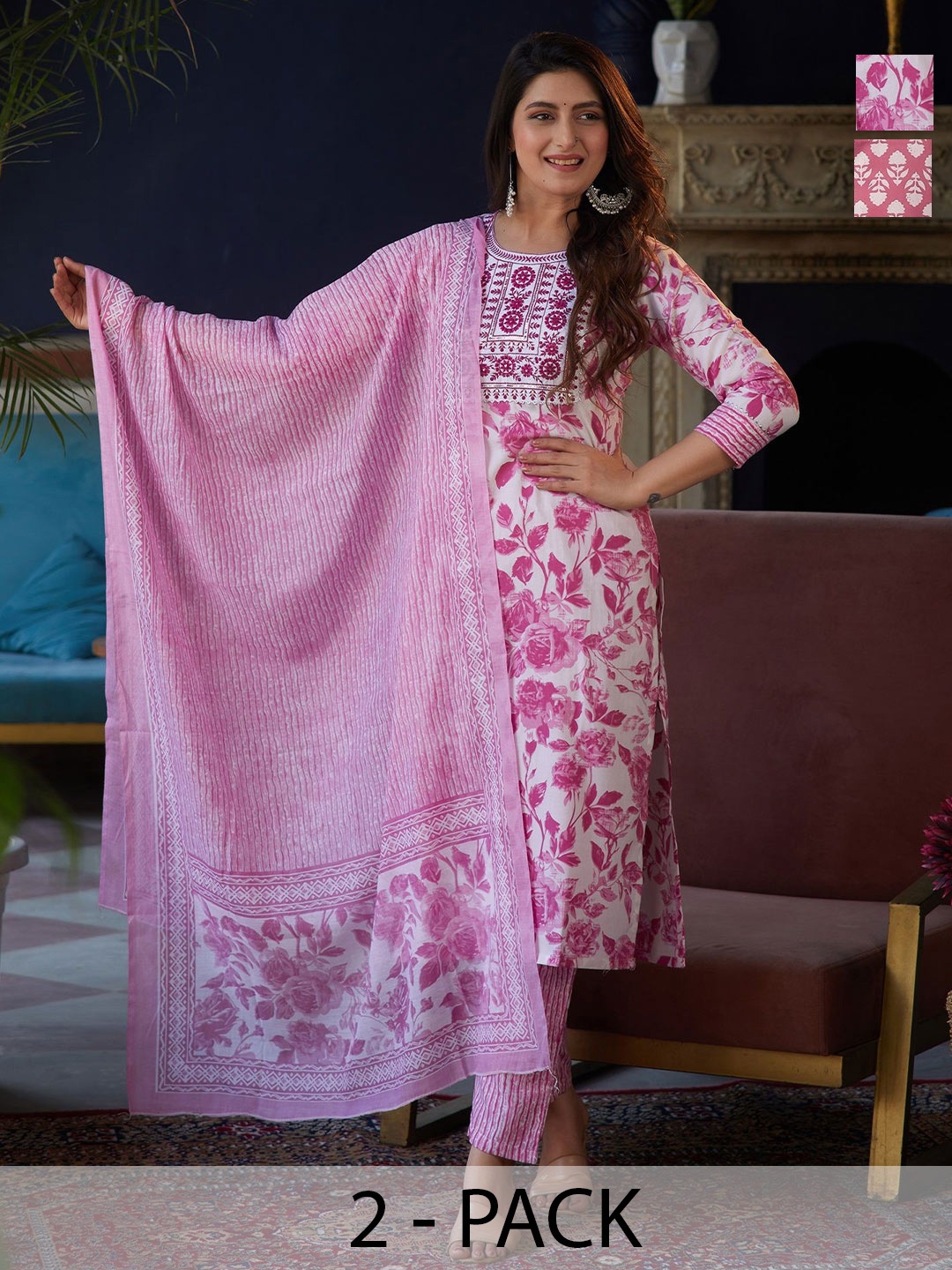 

KALINI Selection Of 2 Floral Embroidered Straight Kurtas With Trousers And Dupattas, White