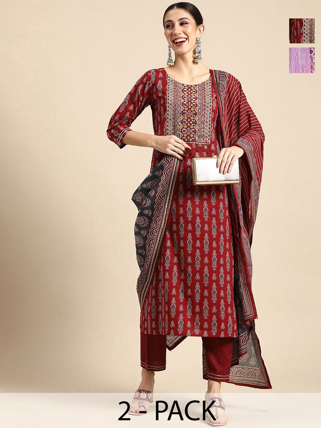

KALINI Selection Of 2 Ethnic Motifs Embroidered Straight Kurtas With Trousers And Dupattas, Pink