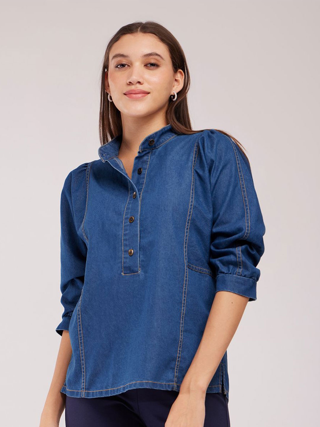 

FableStreet Women Mandarin Collar Cotton Denim Top, Blue