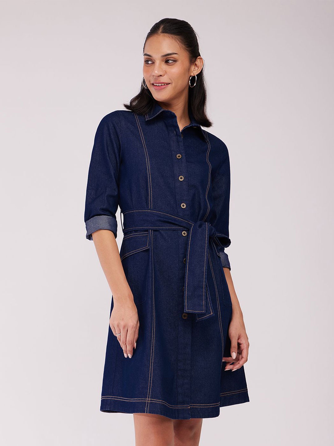 

FableStreet Women Denim Shirt Dress, Navy blue