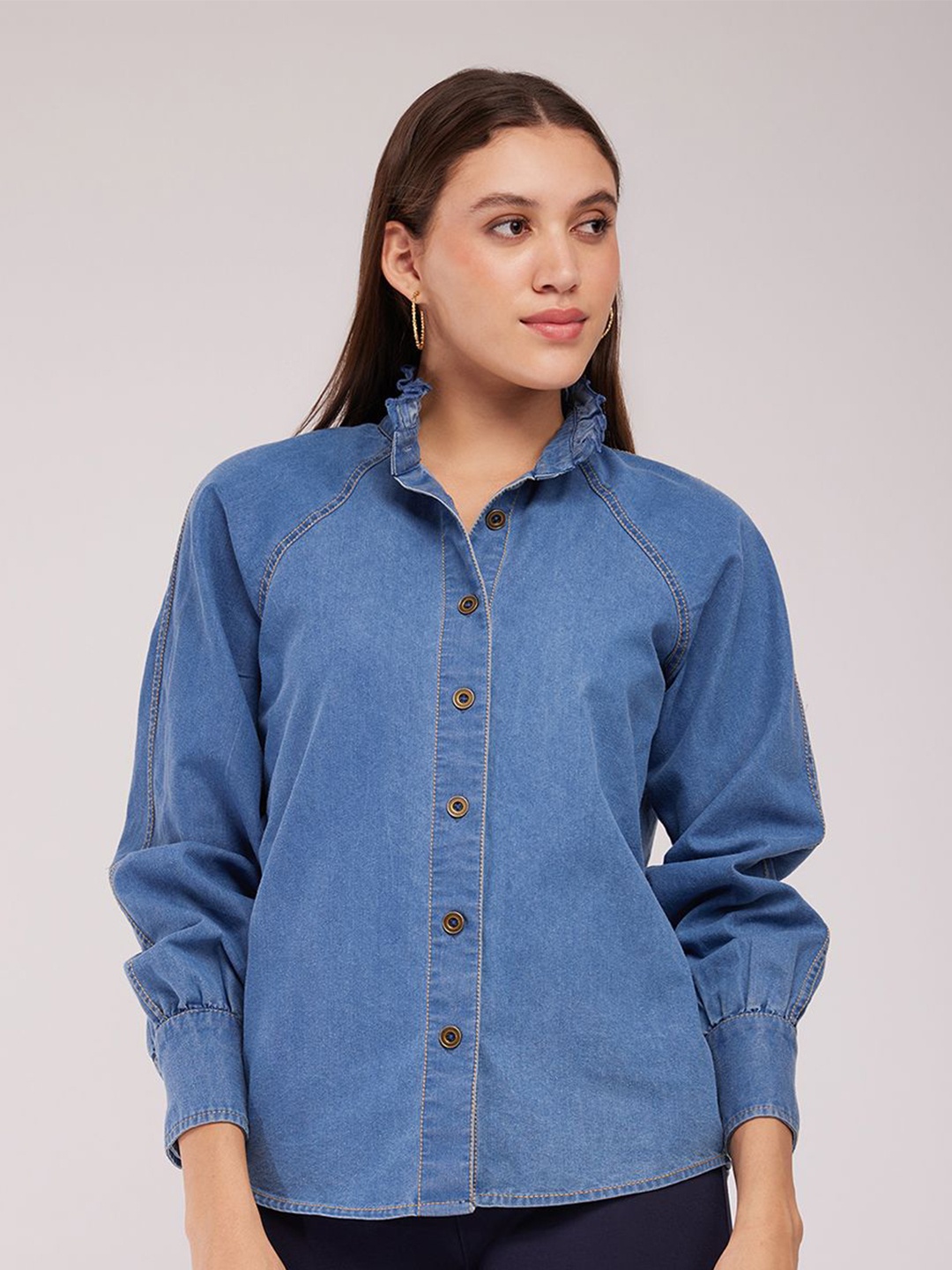 

FableStreet Women Classic Fit Band Collar Solid Cotton Casual Shirt, Blue