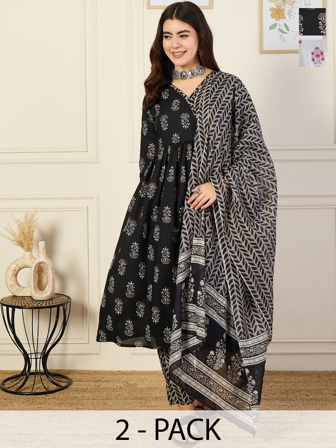 

KALINI Selection Of 2 Floral Printed V-Neck A-line Kurtas With Trousers And Dupattas, Black