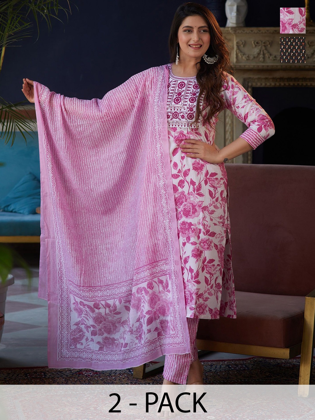 

KALINI Selection Of 2 Floral Printed Straight Kurtas With Trousers And Dupattas, White