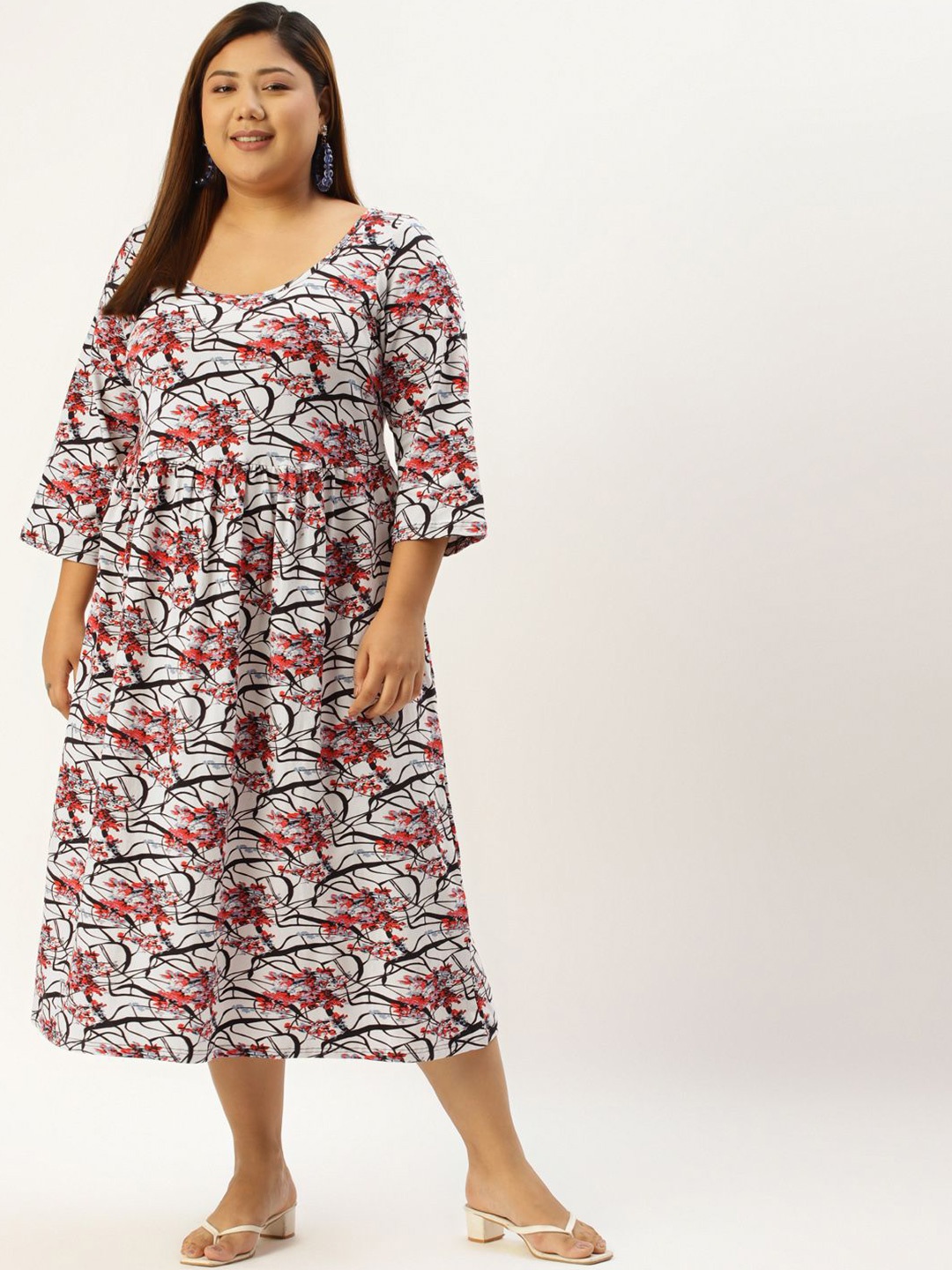 

theRebelinme Women Floral Printed Fit and Flare Midi Dress Plus Size, Black