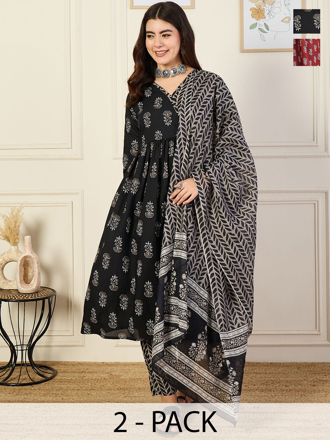 

KALINI Selection Of 2 Floral Printed Angarkha Kurta with Trousers And Dupatta, Black