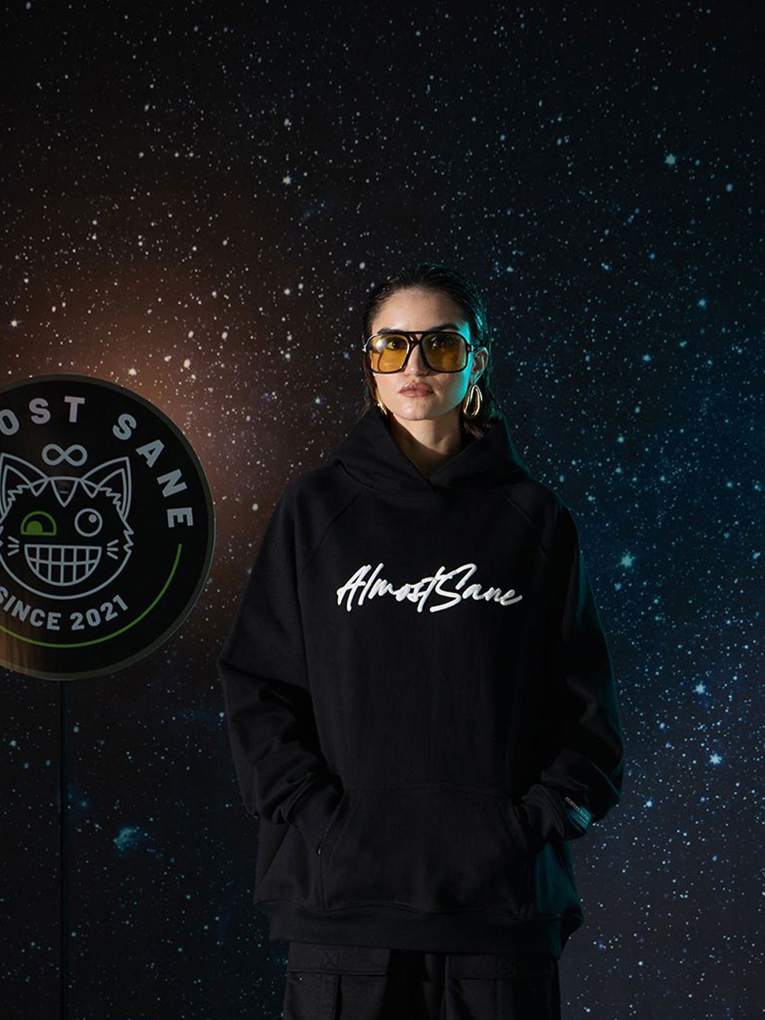 

ALMOST SANE Unisex Printed Hooded Pullover Sweatshirt, Black