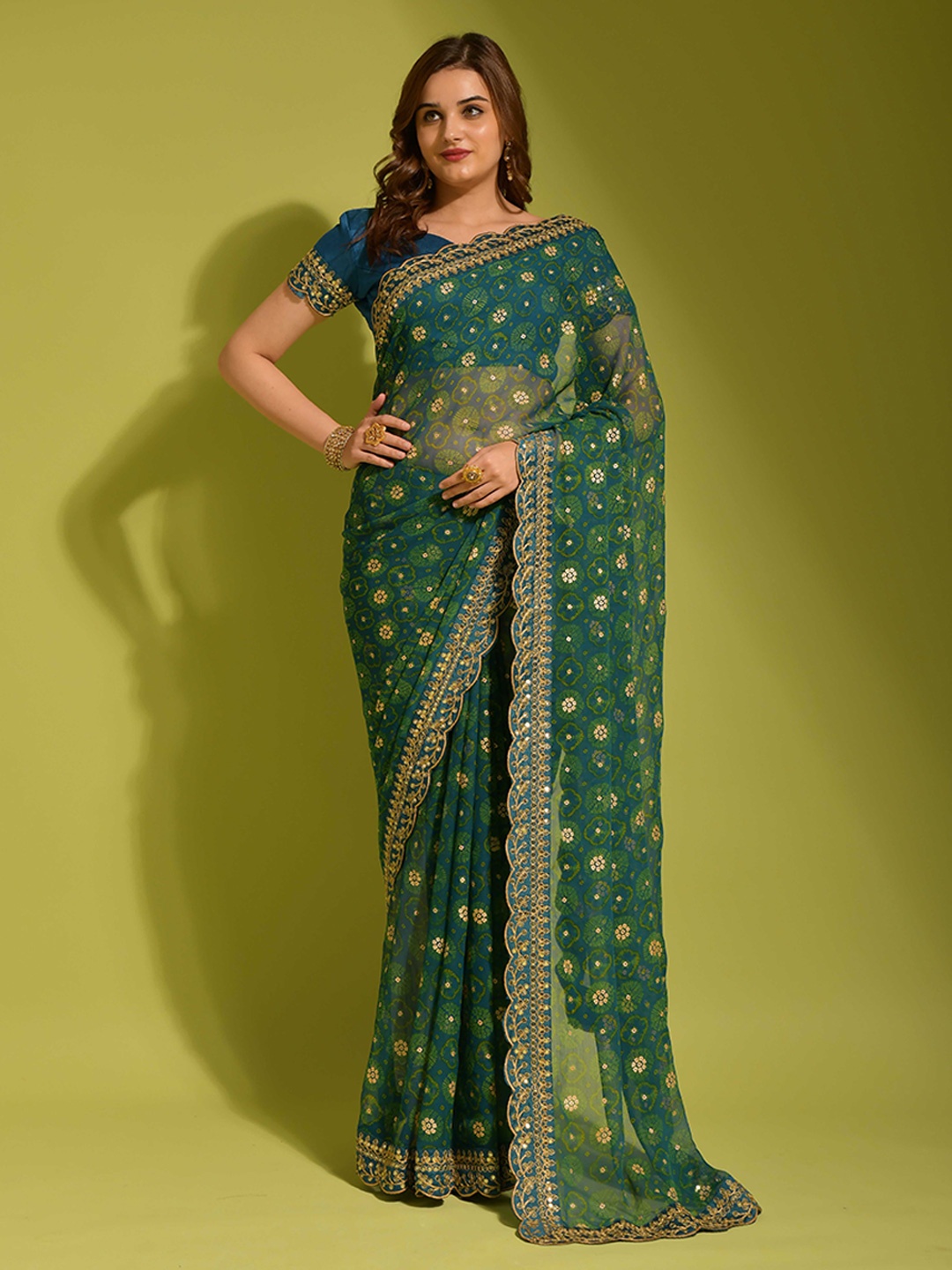 

KSM PRINTS Bandhani Printed Sequinned Embroidered Saree, Blue